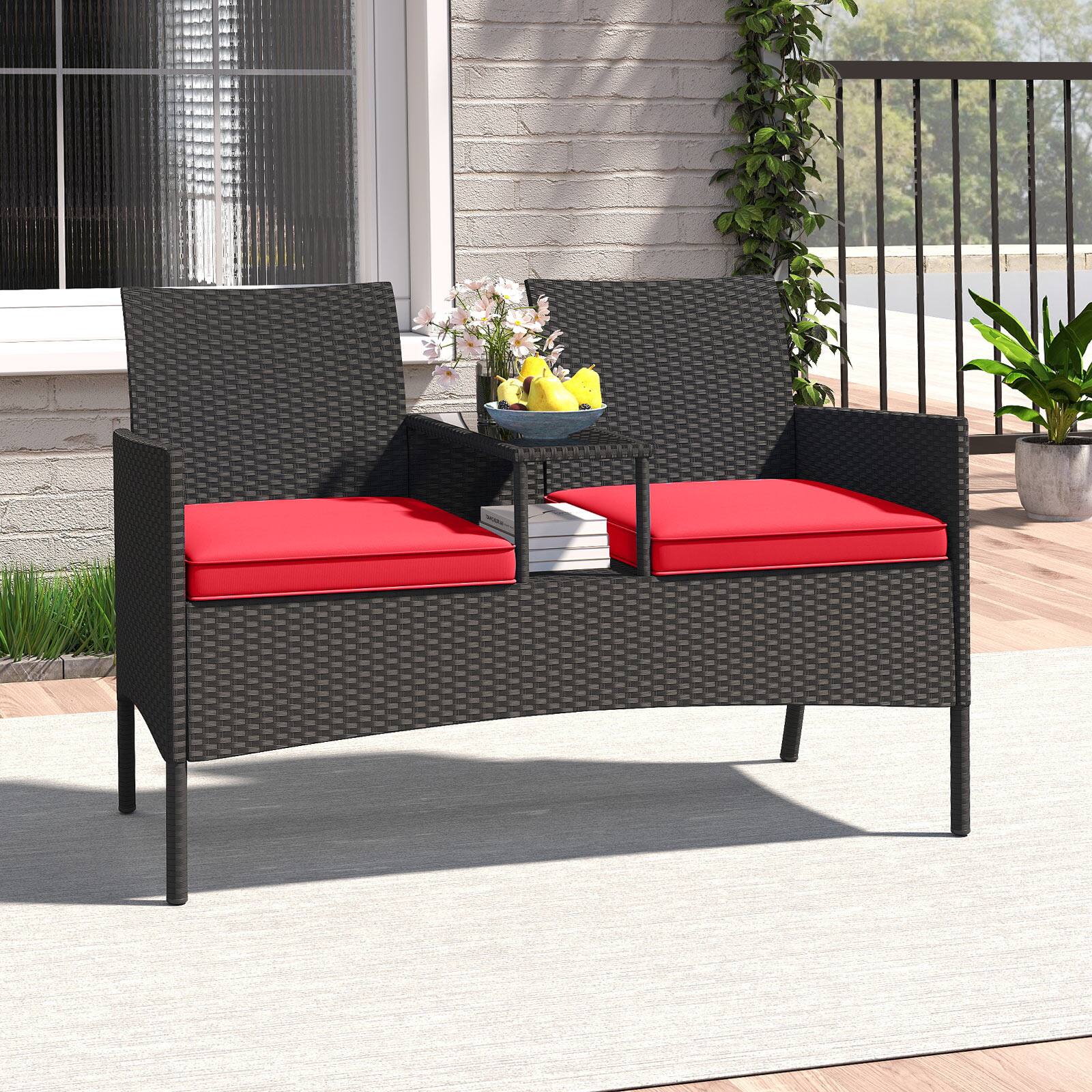 Alt View 1. Gymax - Gymax Patio Loveseat w/ Built-in Table Soft Cushions & Tempered Glass Tabletop Outdoor - Red, Black.