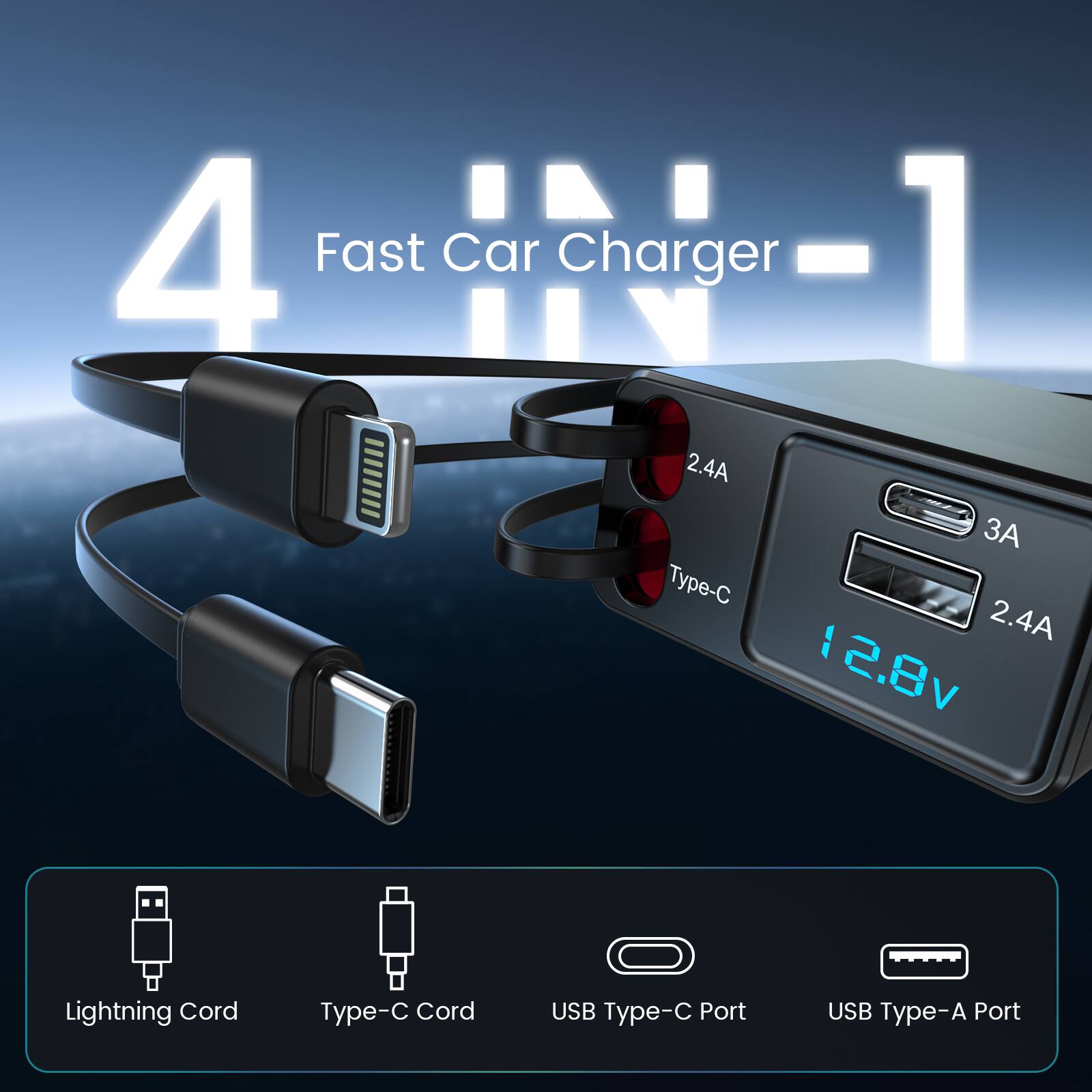 4 Fast Car Charger - 1

- 2.4A Lightning Cord
- 2.4A Type-C Cord
- USB Type-C Port
- USB Type-A Port

12.8v