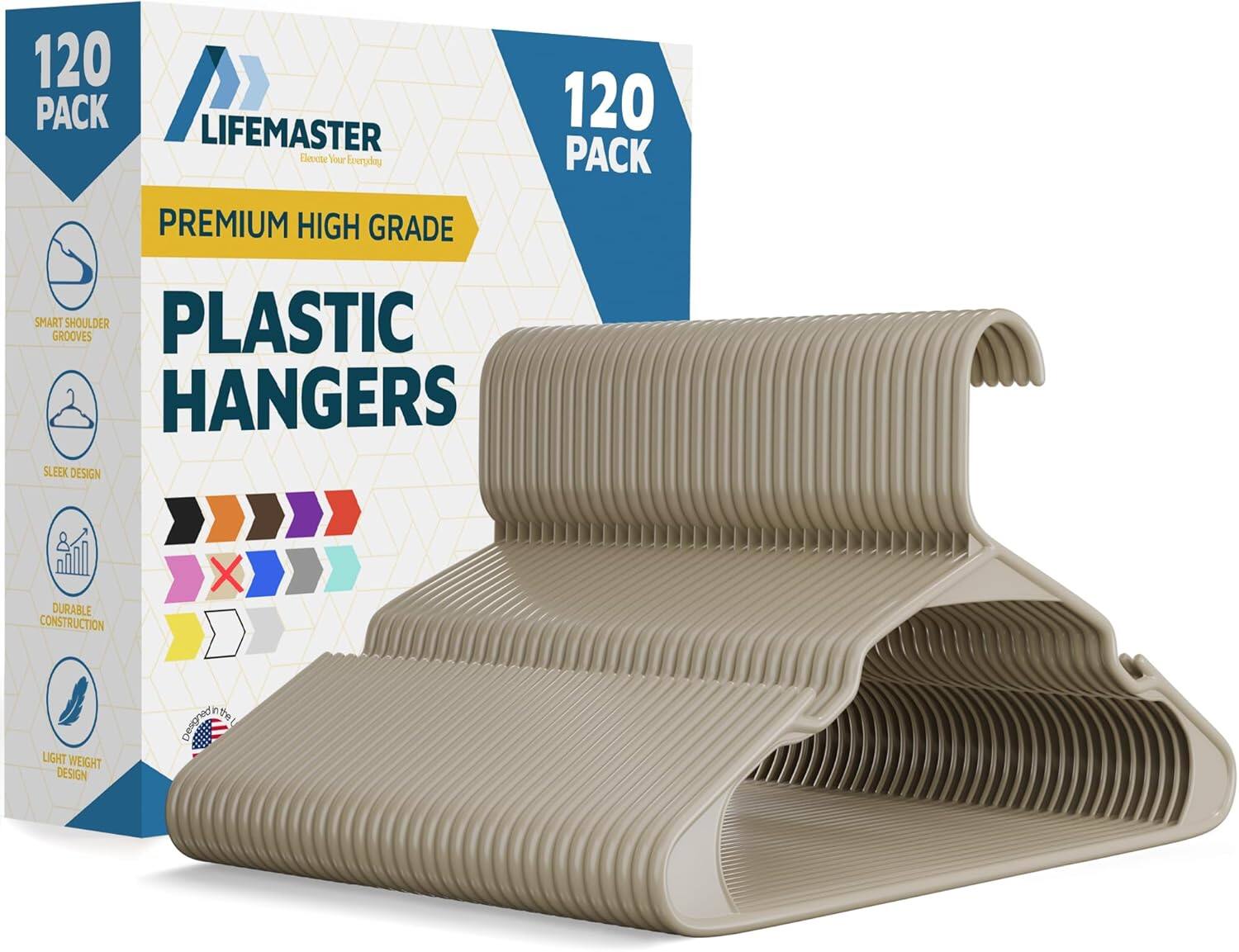 120 PACK, 120 PACK, LIFEMASTER, PREMIUM HIGH GRADE, SMART GROOVES, SHOULDER, PLASTIC HANGERS, SLEEK DESIGN, DURABLE CONSTRUCTION, LIGHT WEIGHT DESIGN