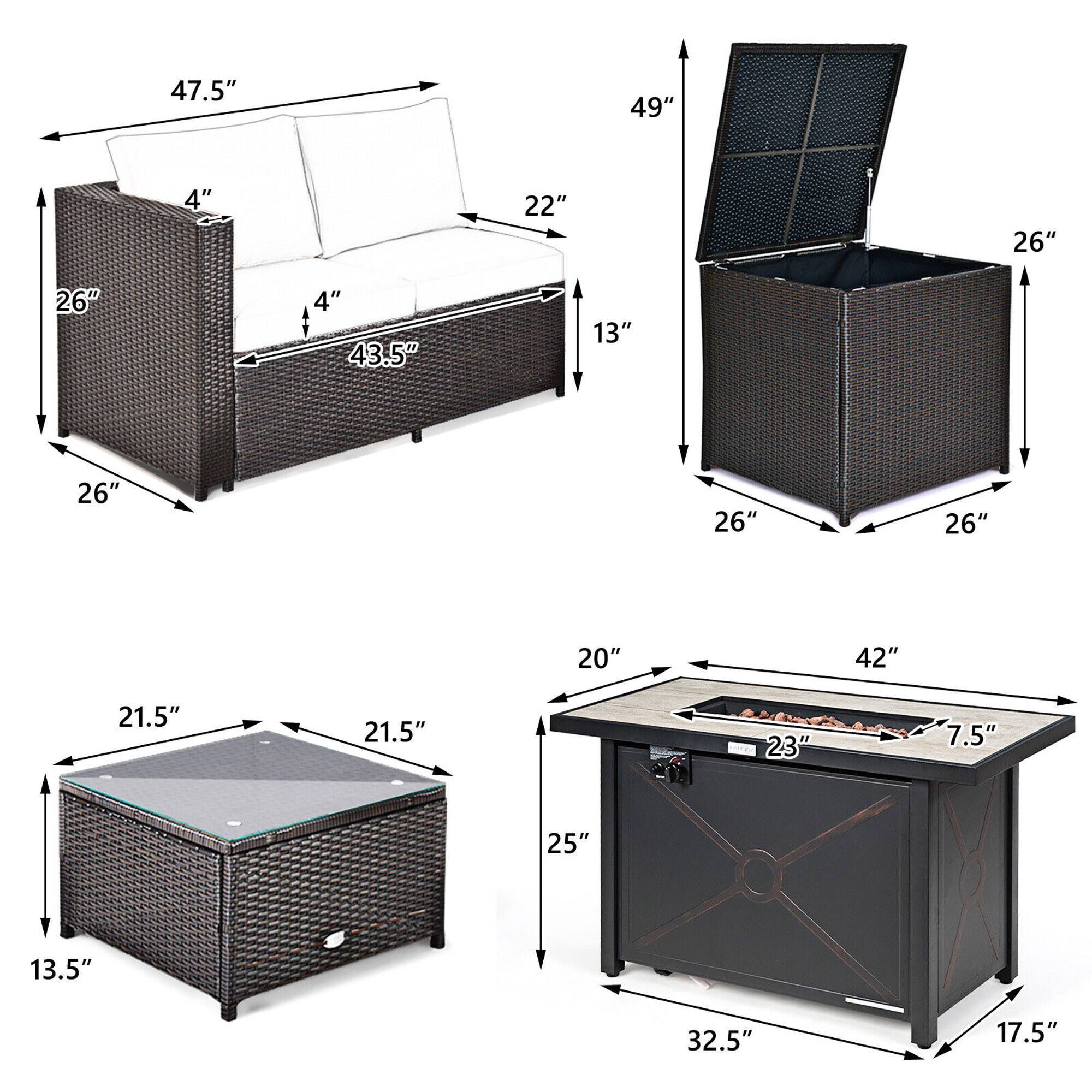 Sofa: 47.5", 22", 26", 4", 43.5"

Storage Box: 49", 26", 26", 13"

Coffee Table: 21.5", 21.5", 13.5"

Fire Pit: 20", 42", 25", 32.5", 17.5", 23", 7.5"