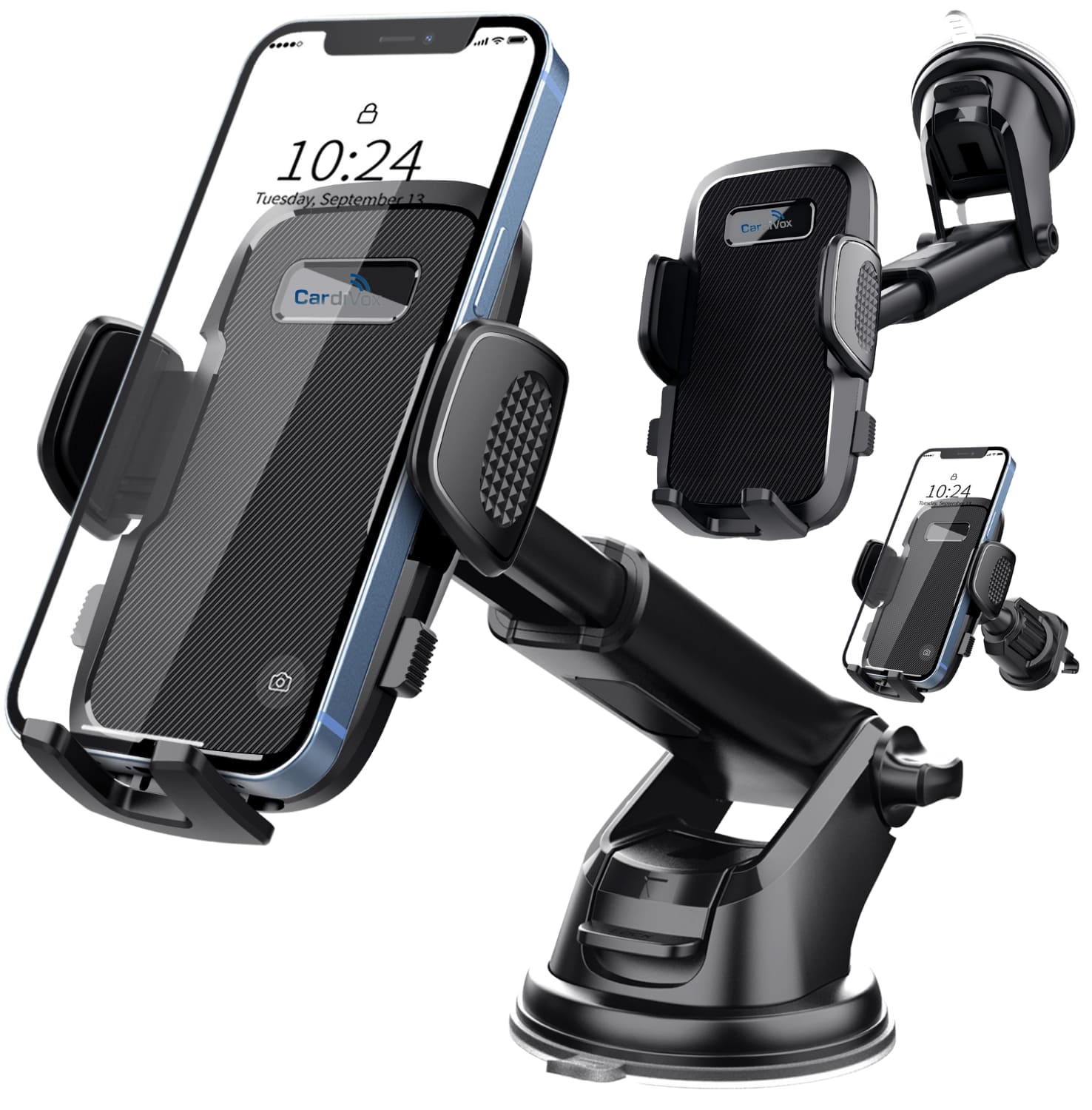 CardiVox - 3-in-1 Car Phone Holder Mount for iPhone & Android, Dashboard & Windshield Cell Phone Holder, Vent Mount, 360° - Black