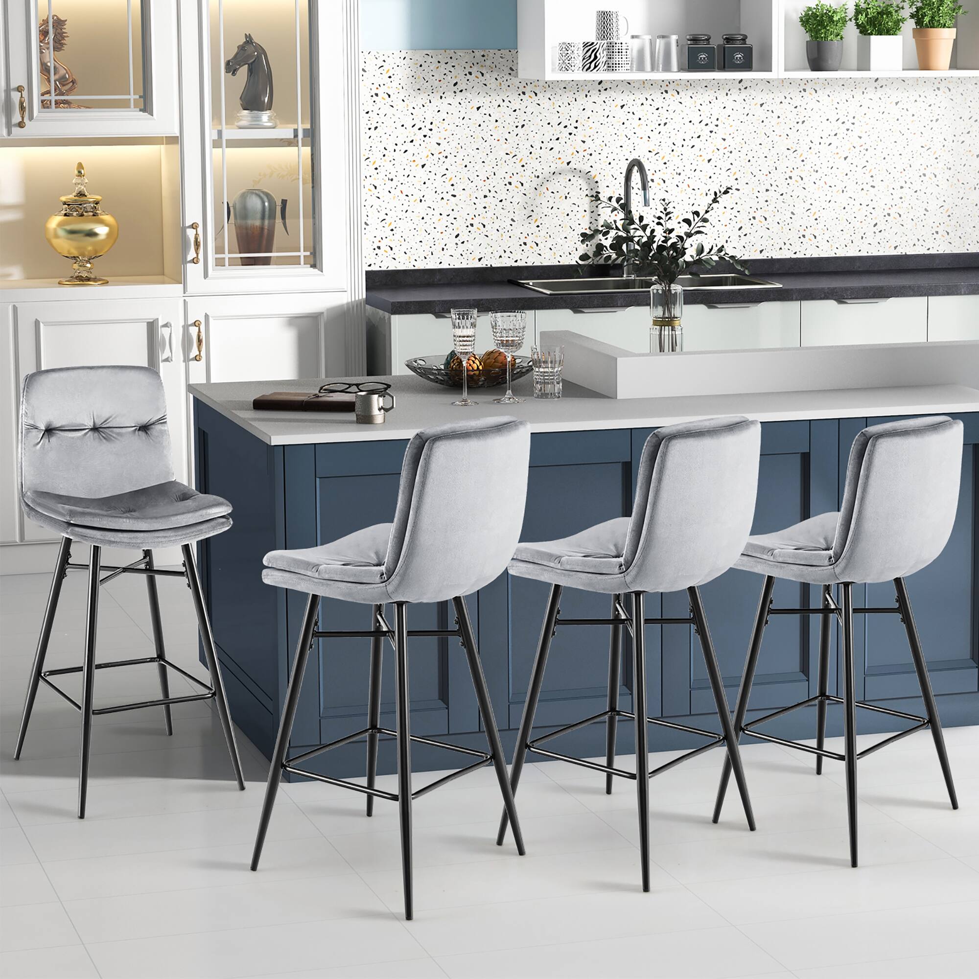 Alt View 1. Gymax - Gymax 4 PCS Velvet Bar Stools Bar Height Dining Chairs w/ Metal Legs Kitchen Grey - Grey.