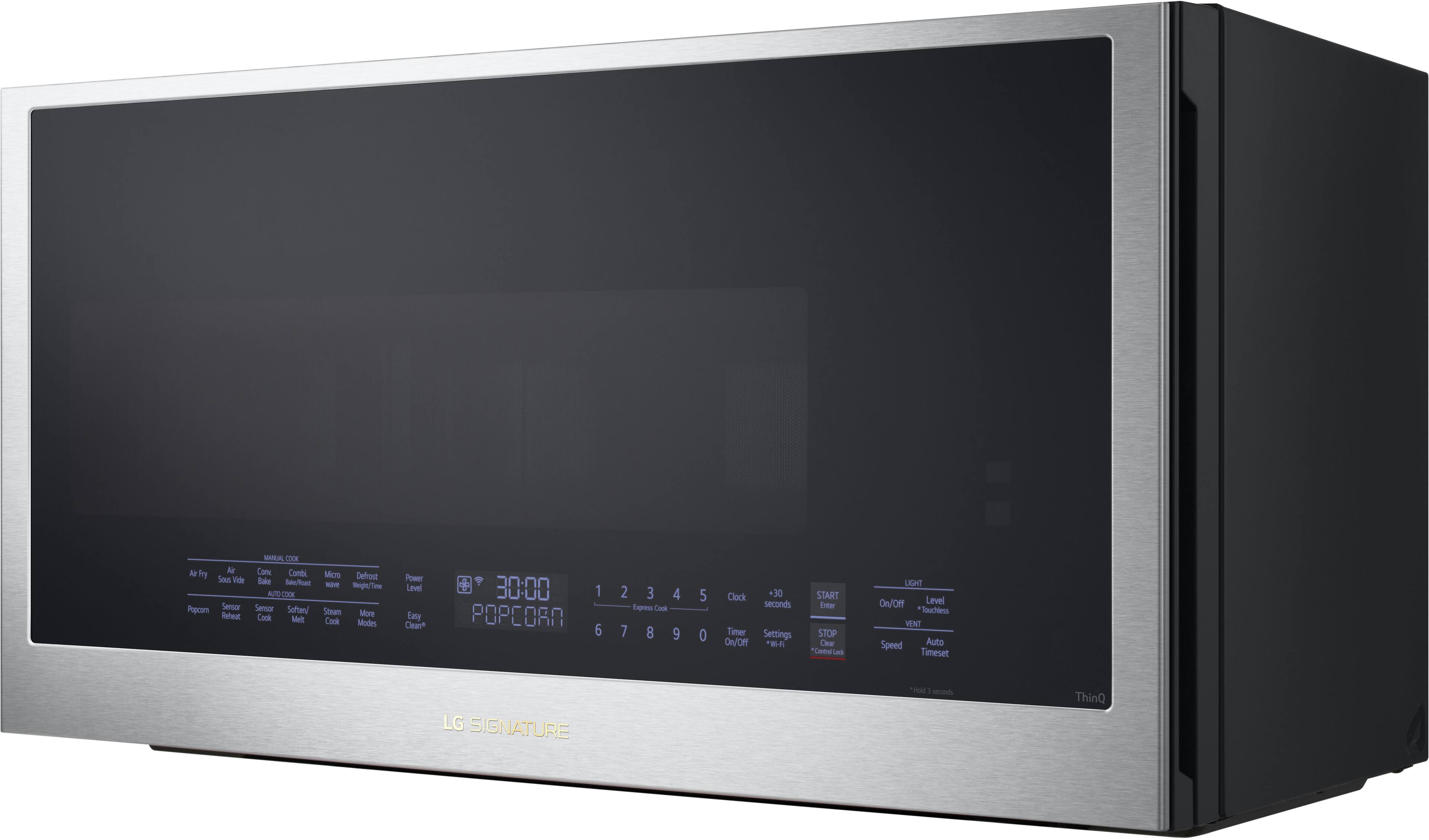 Sure, here is the corrected and grouped text:

**LG SIGNATURE**

- **Air Fry**
- **Air Roast**
- **Convection**
- **Comb Roast**
- **Microwave**
- **Defrost**
- **Power Level**
- **Popcorn**
- **Sensor Cook**
- **Sensor Melt**
- **Steam Cook**
- **More Cook Modes**
- **Easy Clean**
- **Auto Cook**

**30:00 POPCORN**

**1 2 3 4 5 6 7 8 9 0**

**Clock Timer On/Off**

**+30 seconds**

**START**

**STOP**

**Light On/Off**

**Vent Speed**

**Auto Timeset**

**Hold - Seconds**

**ThinQ**