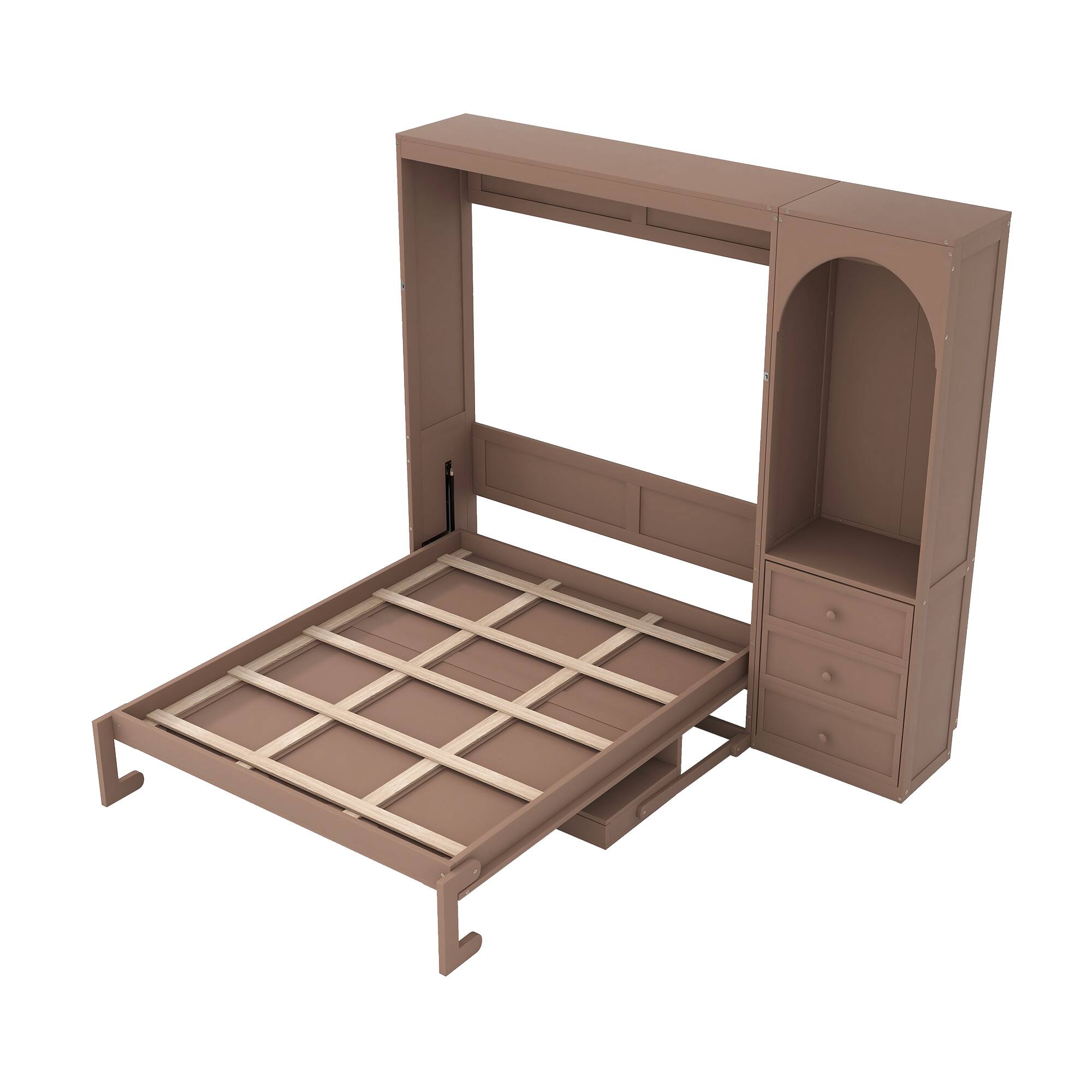 Back. Whisen - Queen Size Murphy Bed with Storage Shelf, LED Light, Closet Rod & 3 Drawers, Space-Saving Desk Unit - Brown.