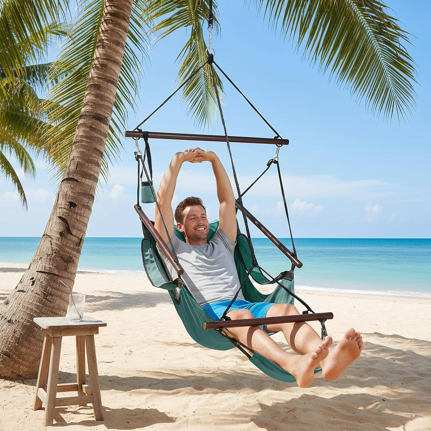 Alt View 7. Winado - 5FT Hammock Hanging Sky Chair, Air Deluxe Swing Seat with Cup Holder, Wooden Stick, Chain for Indoor Outdoor Garden - Green.