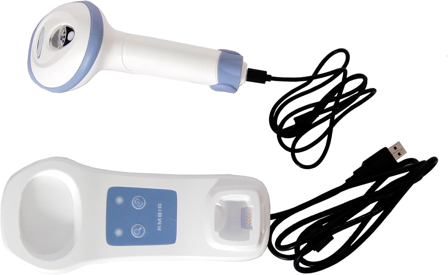 Angle. Ambir Technology Inc - AMBIR BR300 Wireless Barcode Scanner: Supports-1D,2D,PDF417, & QR barcodes. OS: Win, Mac, Linux, Android-White/Blue - White and Blue.