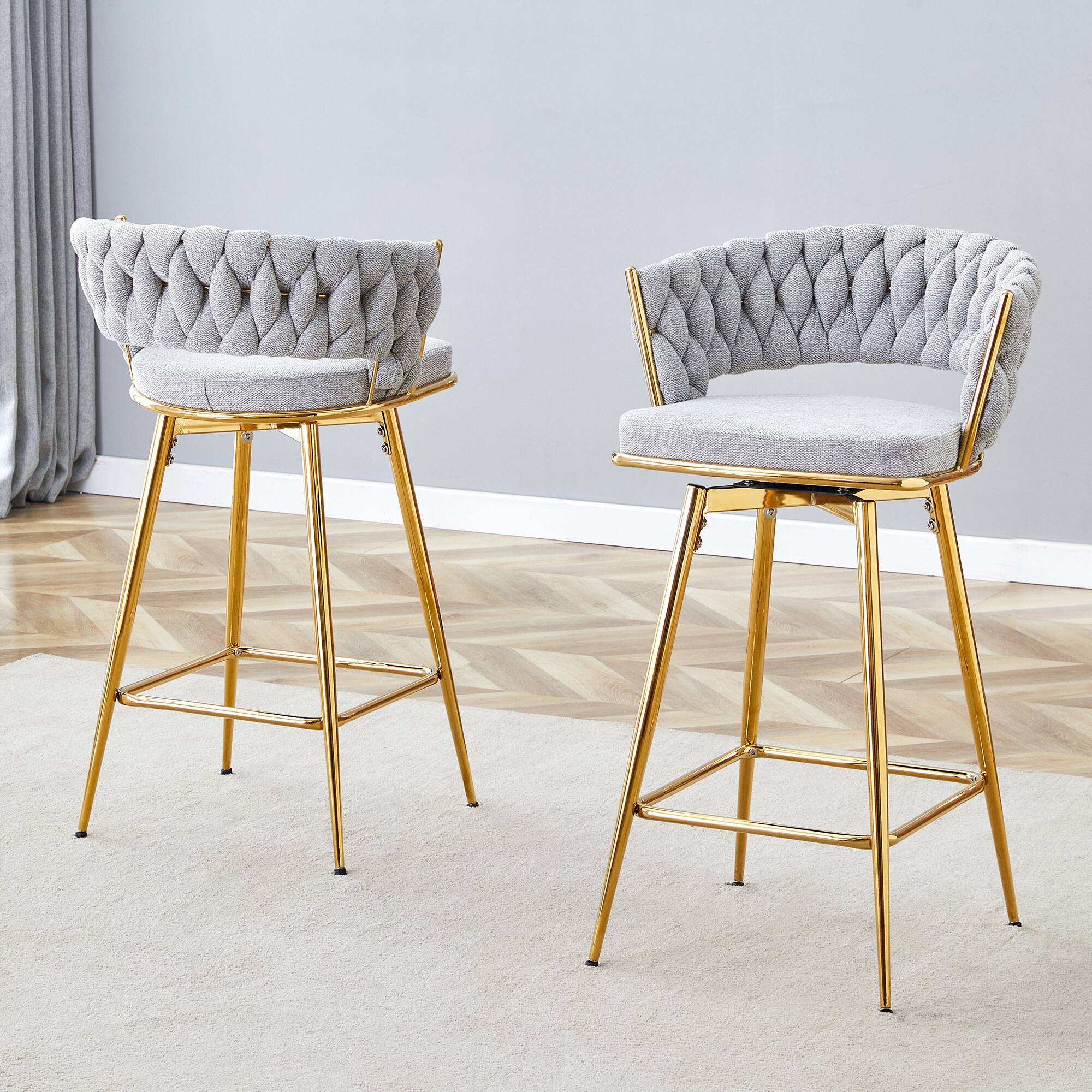 Left. APRILSOUL - Two Sets Swivel Bar Stools Cotton Linen Cushions Electroplated Metal Frames Restaurant - White.