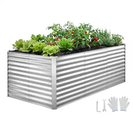 Front. VEVOR - Galvanized Raised Garden Bed, 8 x 4 x 3 ft, Rectangular Metal Planter Box Kit Outdoor, Bottomless Elevated Planting Box - Glossy Silver.
