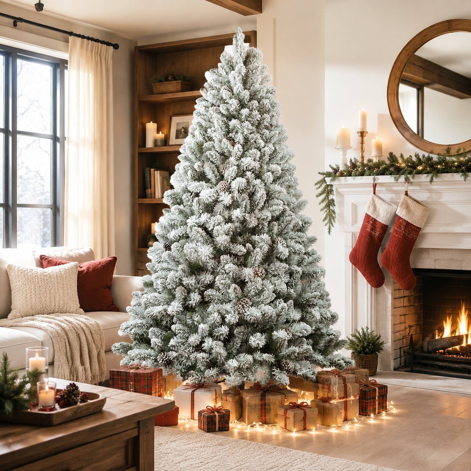 Angle. RYHNUYNE - 5FT Flocked Christmas Tree With Pine Cones, 600 Snowy PVC Tips 27 Natural Pinecones Full Shape Sturdy Metal Stand - Green,White.