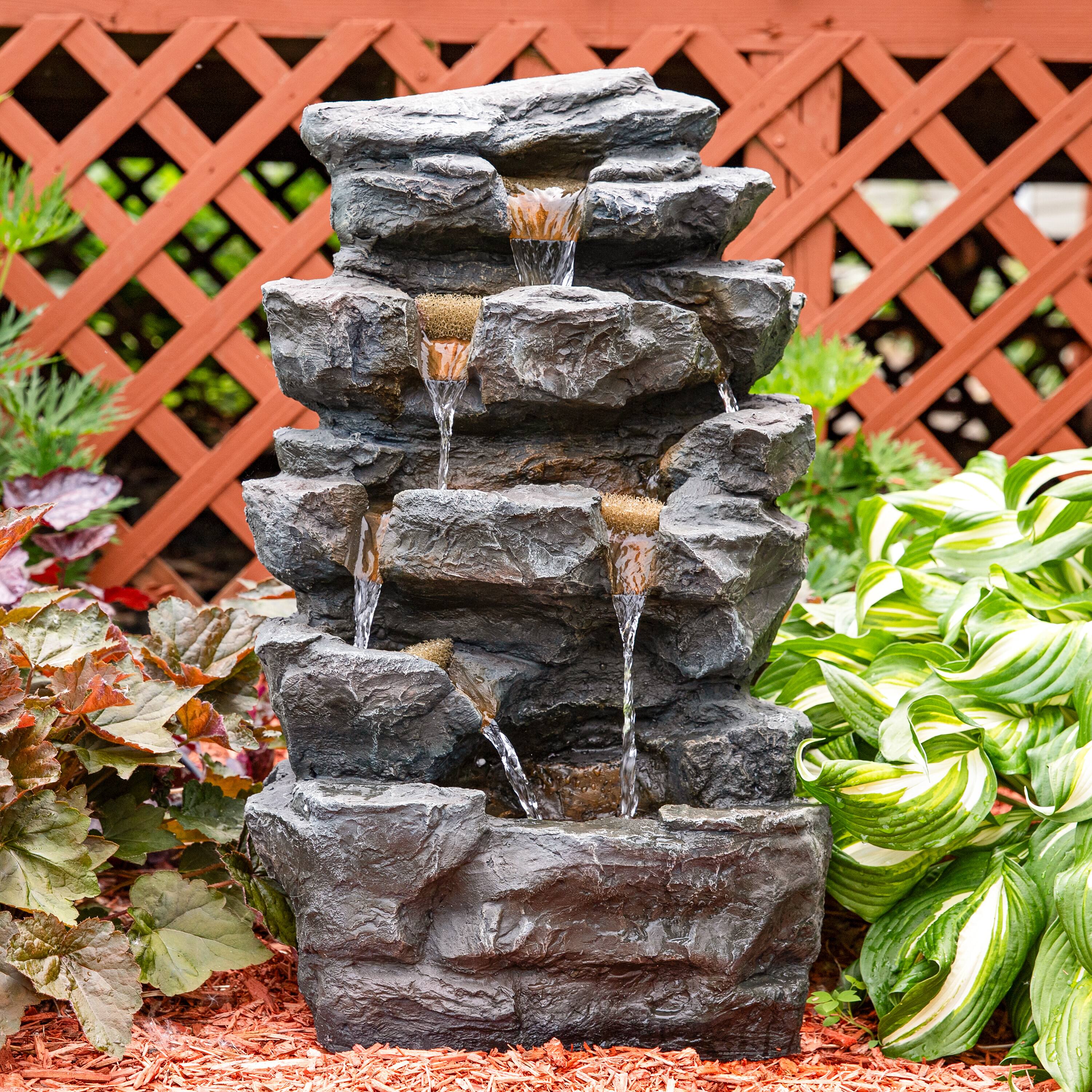 Alt View 6. Sunnydaze - Polyresin Grotto Falls Water Fountain with LED Lights - 24 in - Grey.