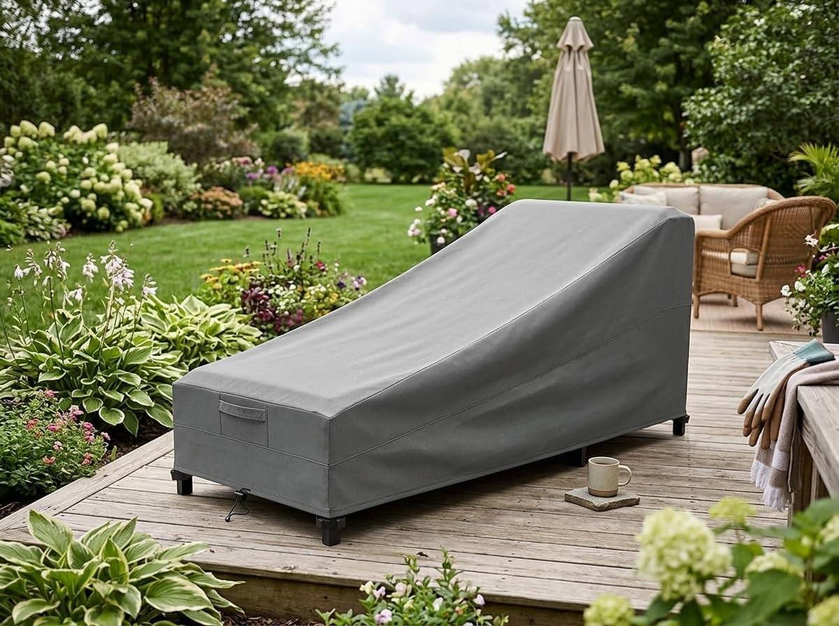 Angle. KHOMO GEAR - Chaise Lounge Cover Waterproof, Outdoor Patio Lounge Chair Cover with Air Vents and Leg Straps - 78"L x 35.5"W x 33"H - Gray.