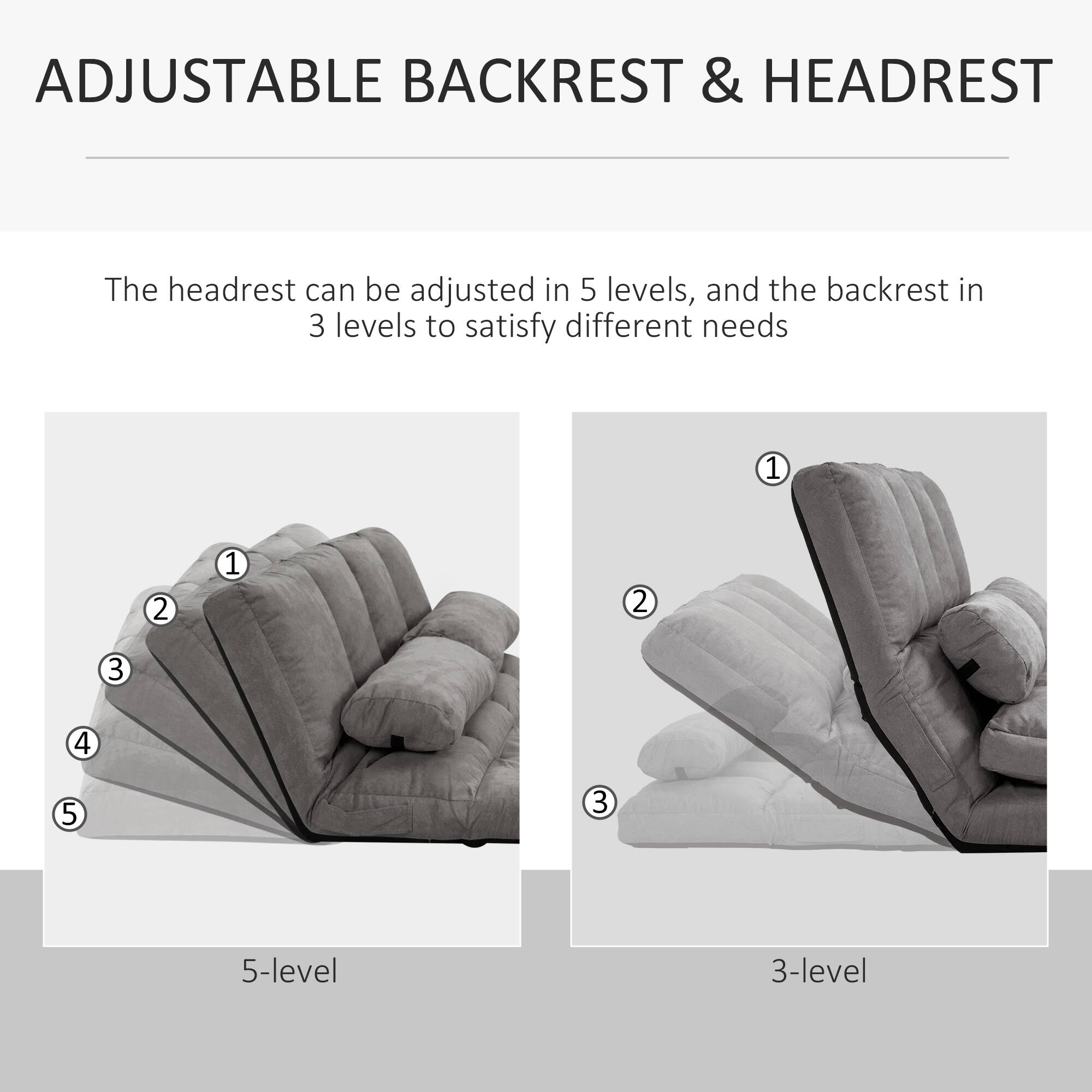 ADJUSTABLE BACKREST & HEADREST

The headrest can be adjusted in 5 levels, and the backrest in 3 levels to satisfy different needs

1 2 3 4 5

5-level

3-level