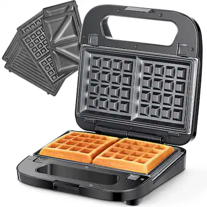 Front. KEINVE - 3-in-1 Waffle, Grill & Sandwich Maker, Panini Press Grill and Waffle Iron Set with Removable Non-Stick Plates - Black.