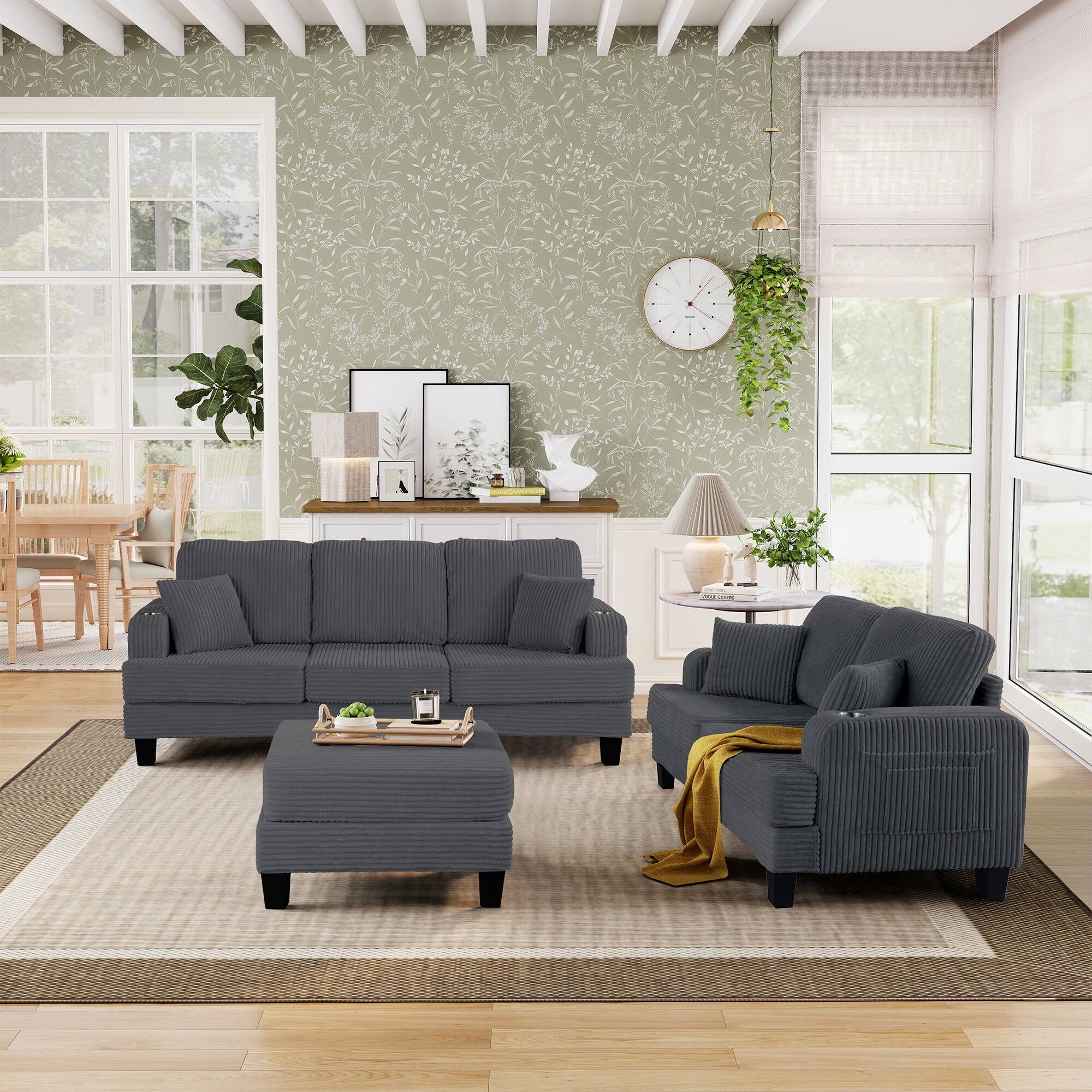 Alt View 1. Boyel Living - 84.64 in. Wide Straight Arm 3-Seat Fabric Sectional Sofa with Ottoman, USB Port and Cup Holder - Dark Gray.