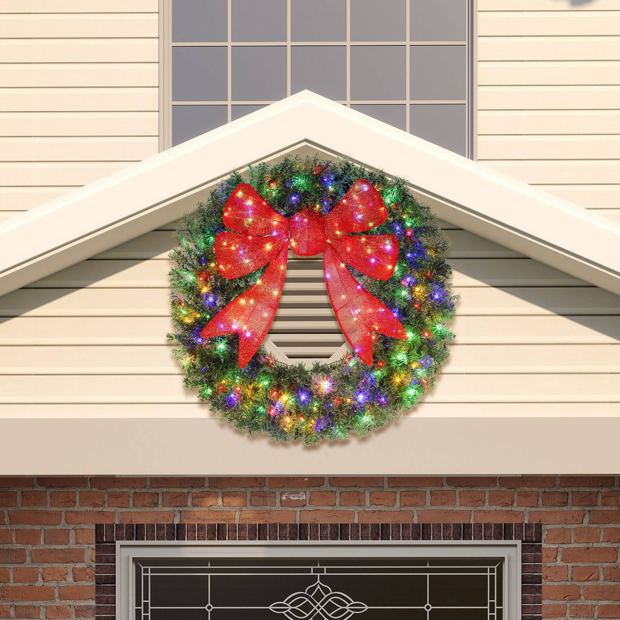 Alt View 7. Homcom - 48in Pre-Lit Xmas Wreath, 3D Red Bow, 11 Modes, Remote, 200 LEDs, 702 Tips, Indoor Outdoor - Green.