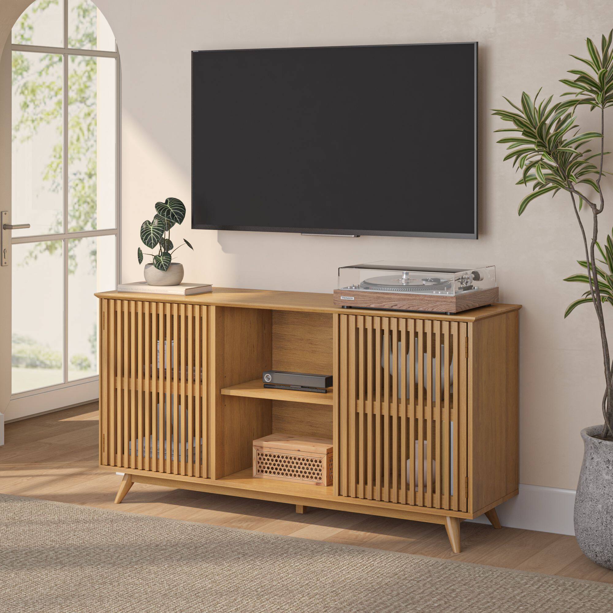 Alt View 8. Plank+Beam - Mid-Century Modern Sideboard/TV Stand|| 2 Door w/ Middle Shelf  (1495 x 406 x 762mm / 59 x 16 x 30in)|| Pecan - Pecan.
