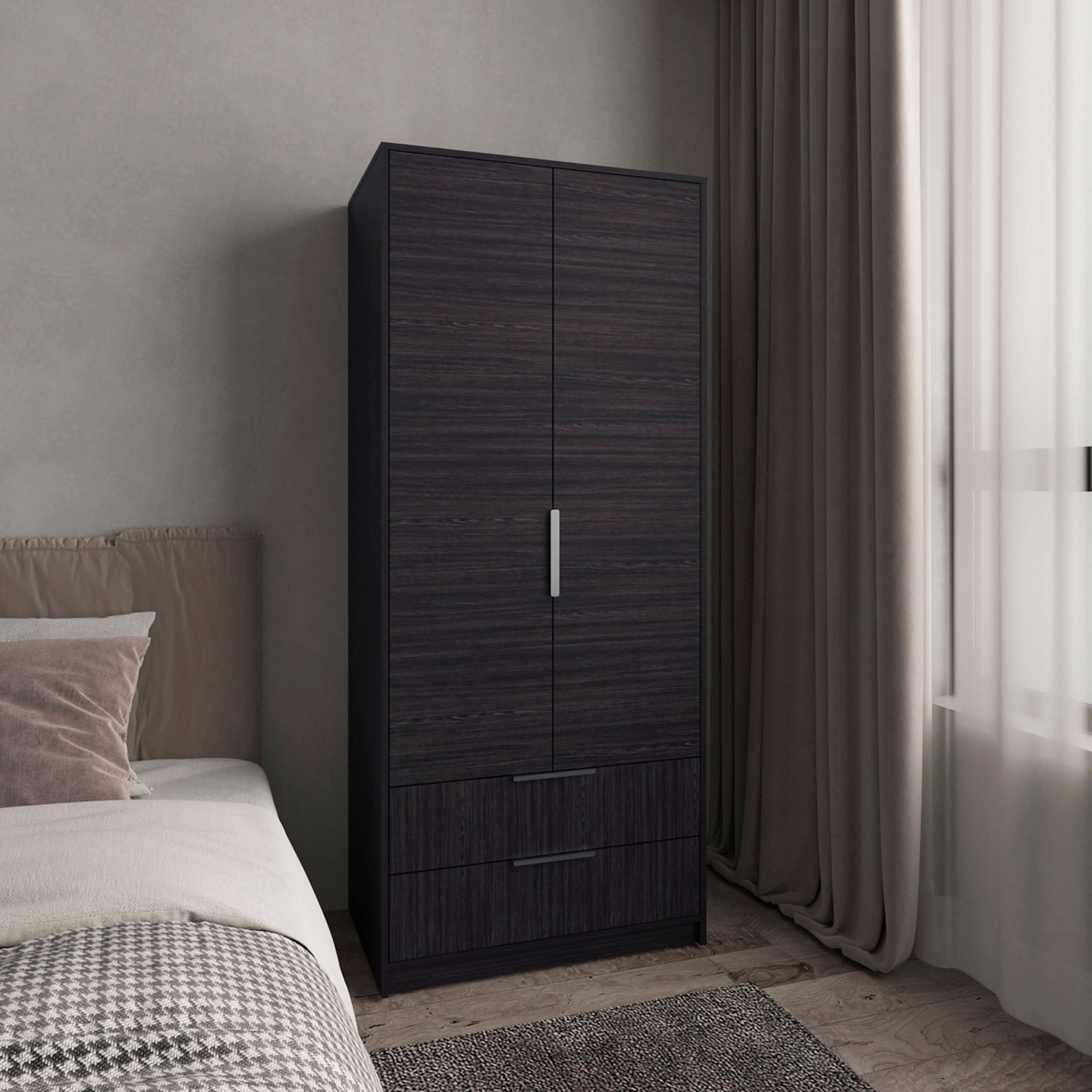 Left. TuHome - Wenden Armoire Double Doors, Two Drawers, Hanging Rod An Interior Shleves, Wardrobe - Black.