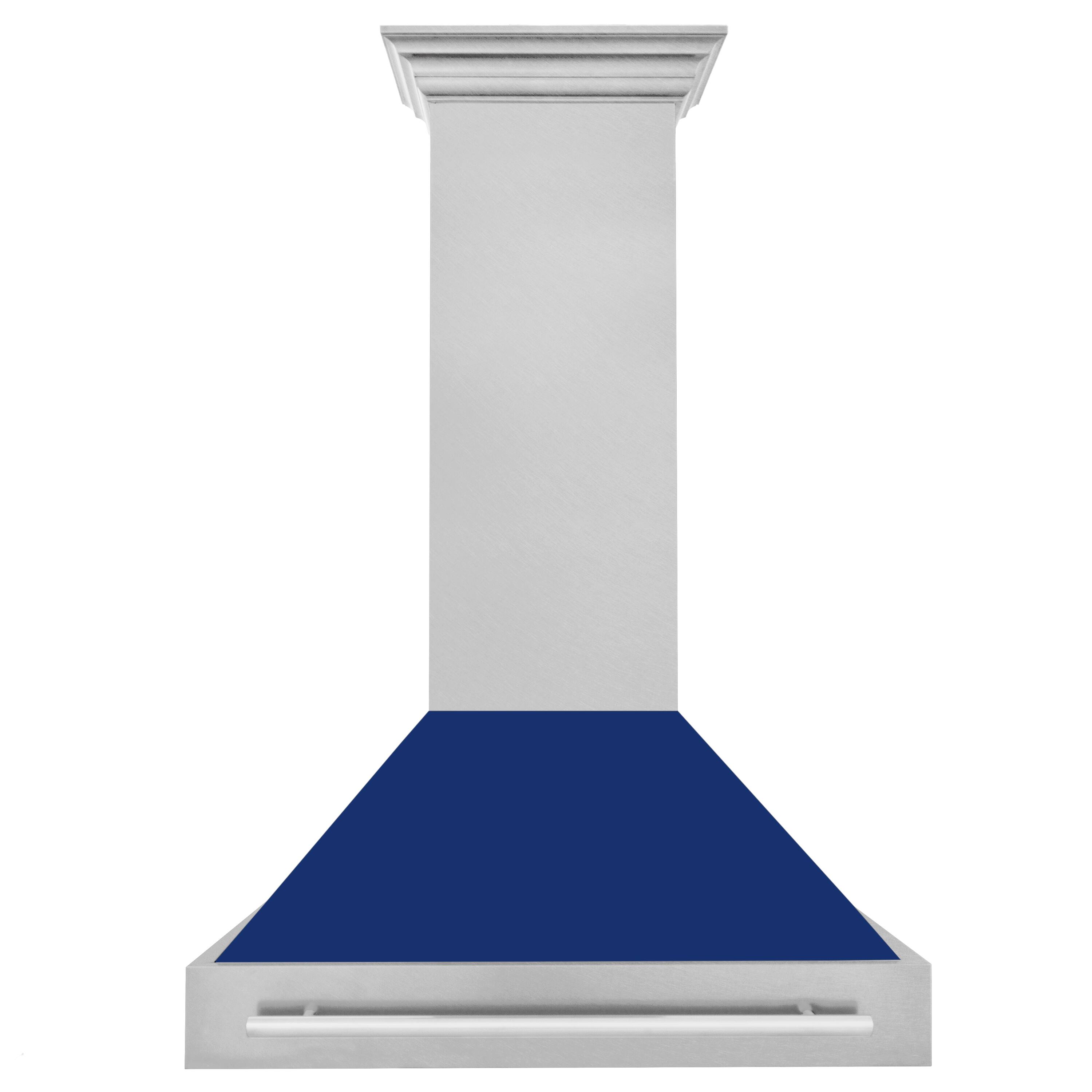 Front. ZLINE - ZLINE 48 in. Ducted Satin Stainless Steel Wall Mount Range Hood with Blue Gloss Shell - Silver.