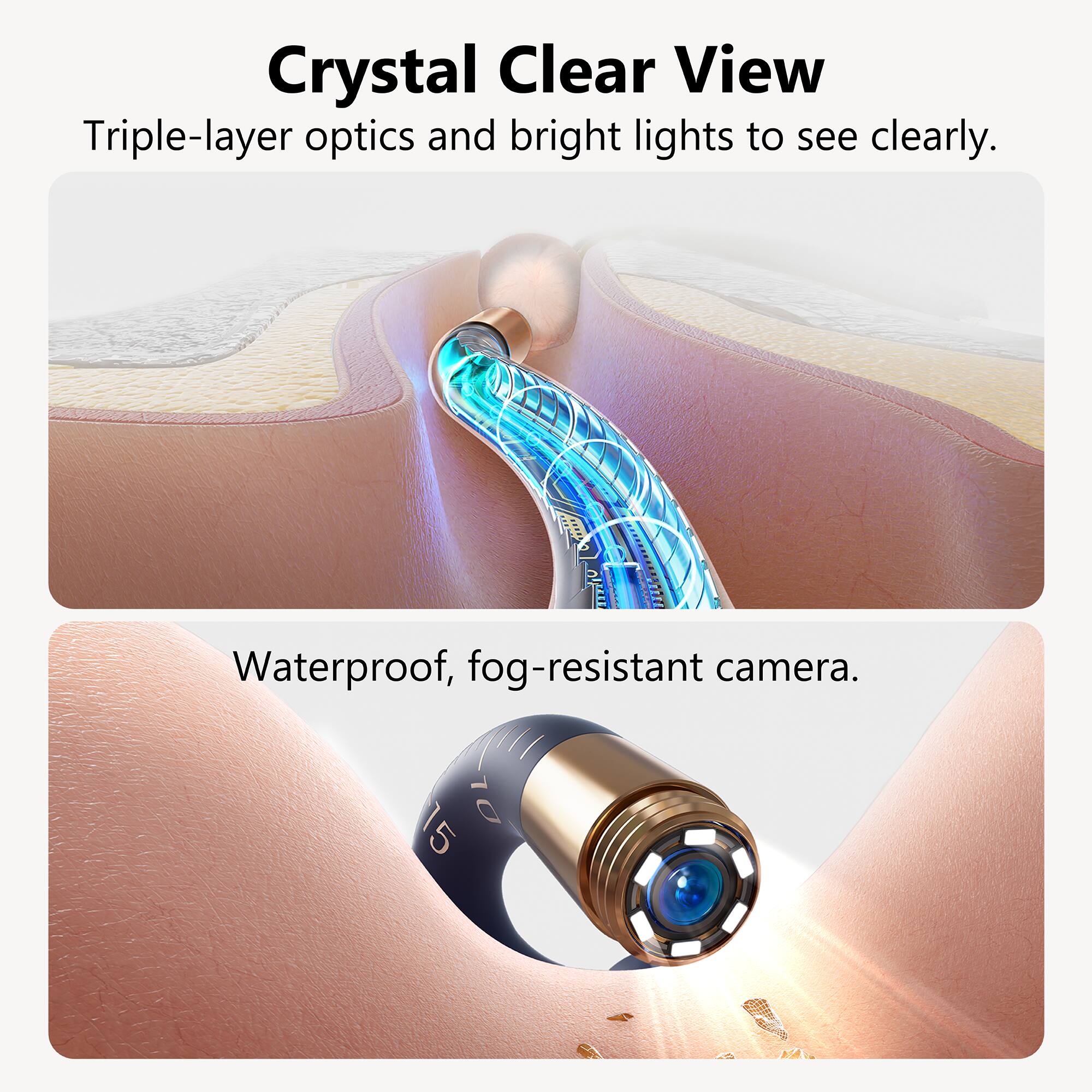 Crystal Clear View  
Triple-layer optics and bright lights to see clearly.  
Waterproof, fog-resistant camera.