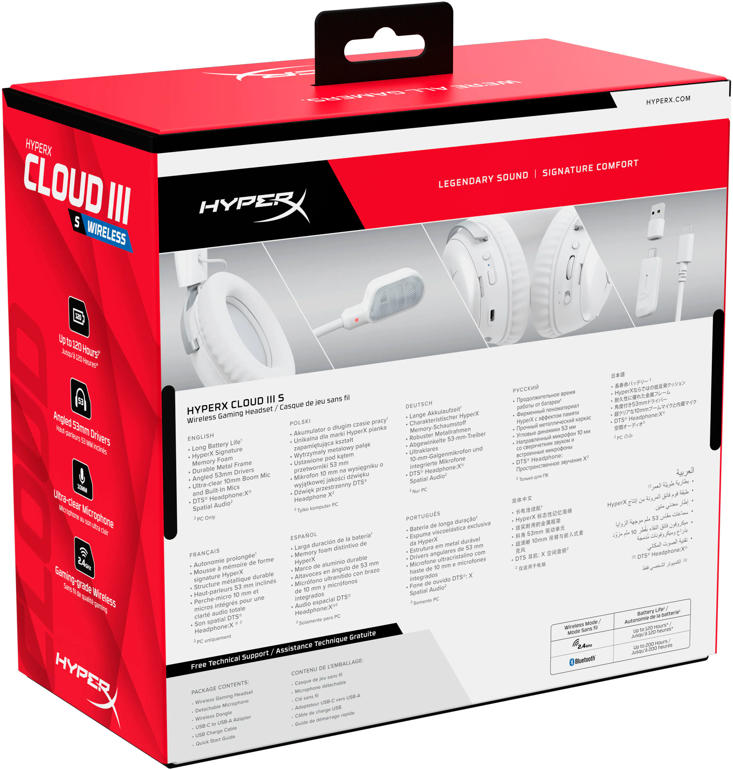 The box contains a HyperX Cloud III Wireless headset, which is a gaming headset with legendary sound quality. The headset is designed for comfort and durability, featuring a metal frame and a long-lasting battery life. The box also includes a USB adapter for easy connectivity, as well as a detachable microphone for clear communication during gaming sessions. The headset is compatible with various devices, including computers and gaming consoles, and offers a spatial audio experience for an immersive gaming experience.