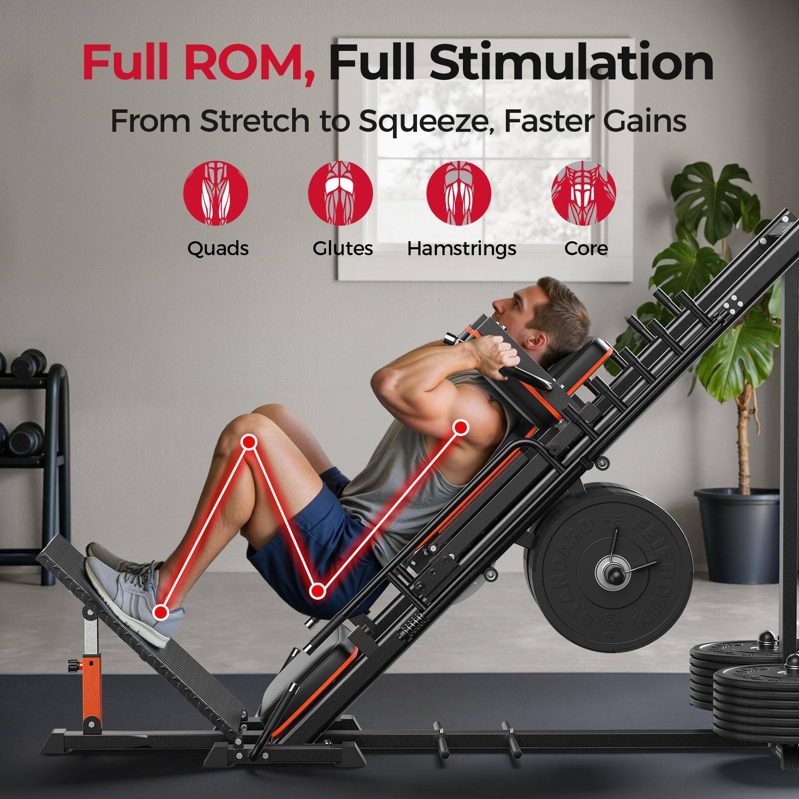 Full ROM, Full Stimulation  
From Stretch to Squeeze, Faster Gains  
Quads Glutes Hamstrings Core