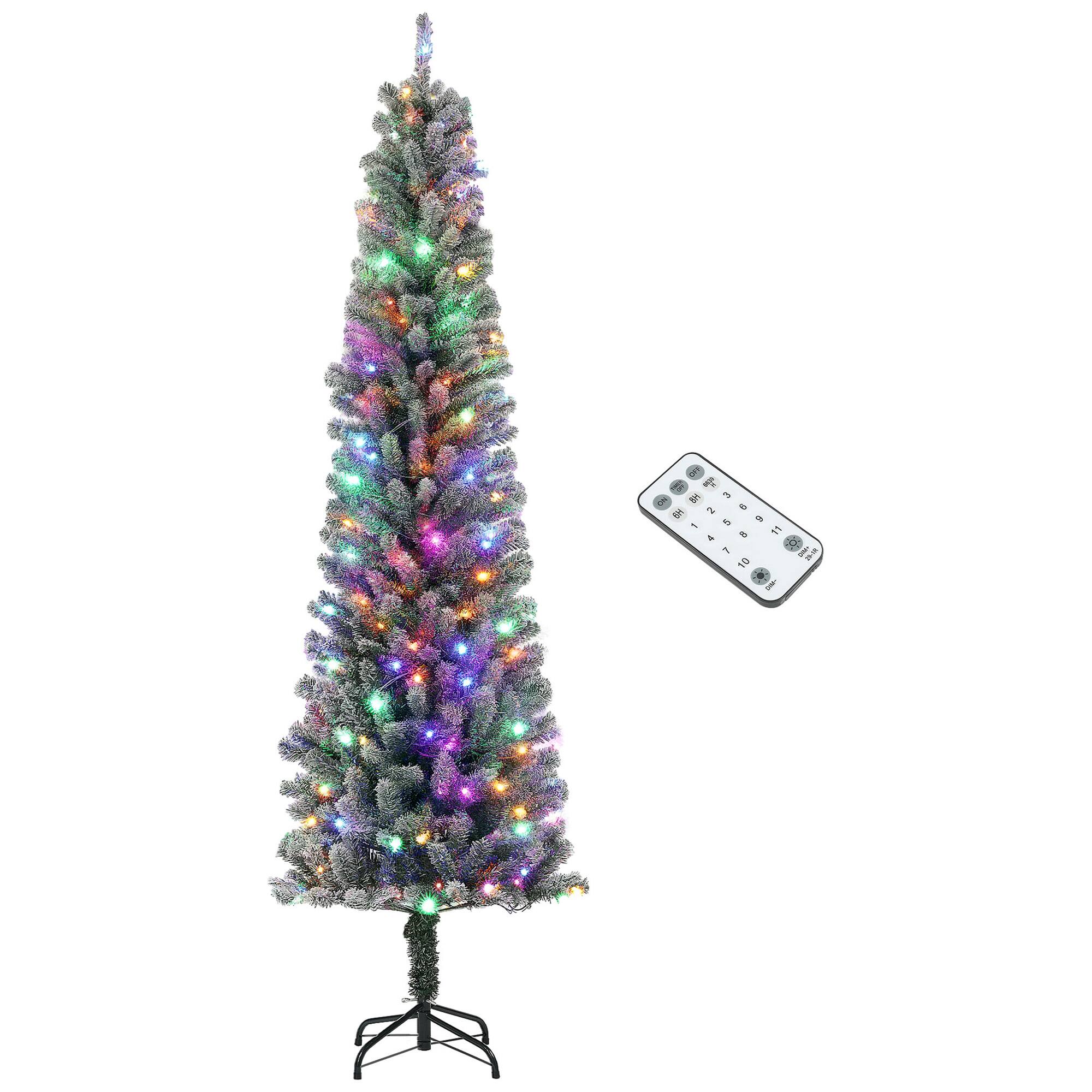 Homcom - Pre-Lit Pencil Christmas Tree, 220 Dual LED Lights 519 Tips Snow Flocked - Green