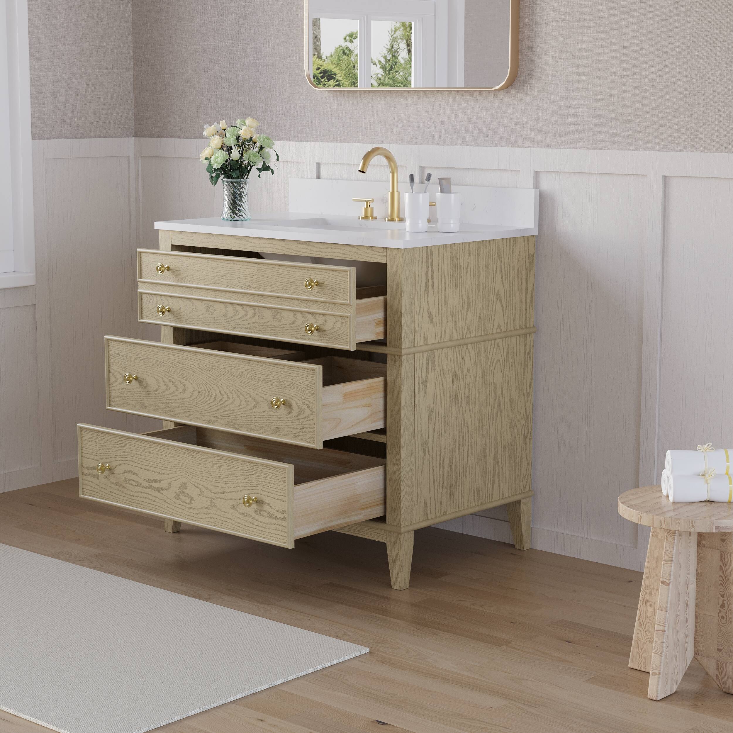 Left. WELLFOR - MEGAN 36 in. Freestanding Solid Wood Bath Vanity with Quartz Top, Single Sink, Soft Close, Assembled - OAK.