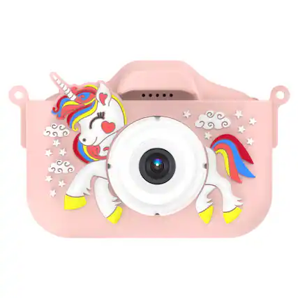 Front. Cluzine - Kids Digital Camera, 48MP, 2.0" Screen, Dual Lens, Pink Unicorn Design.
