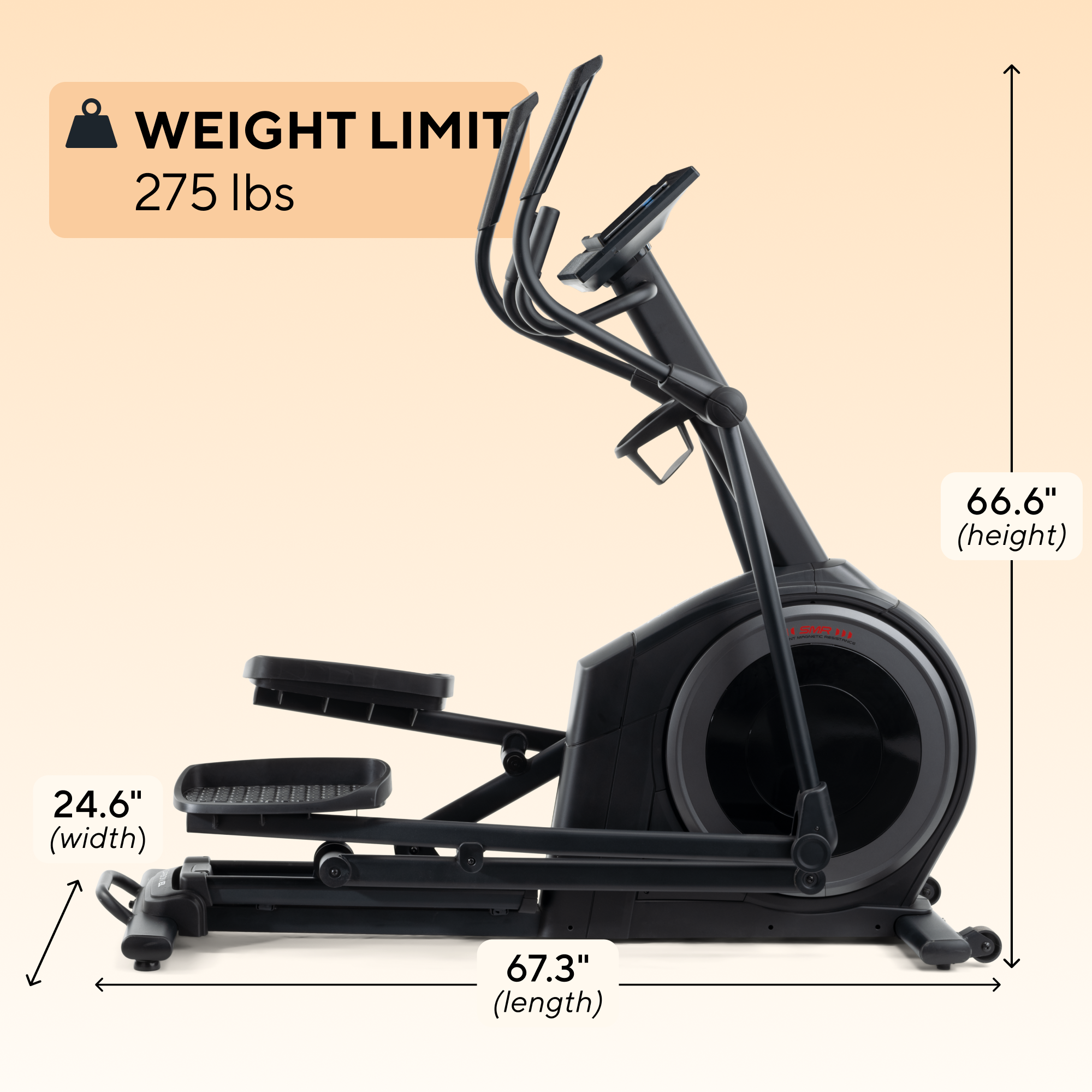 WEIGHT LIMIT  
275 lbs  

66.6" (height)  
24.6" (width)  
67.3" (length)