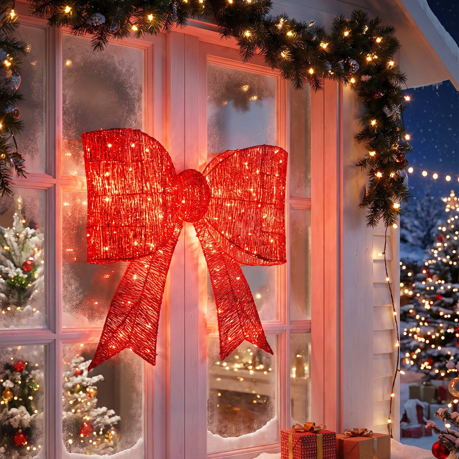 Alt View 4. Costway - Costway 2 PCS Christmas Lighted Bow Decoration120 Pre-Lit Warm White LED Lights for Porch - Red.