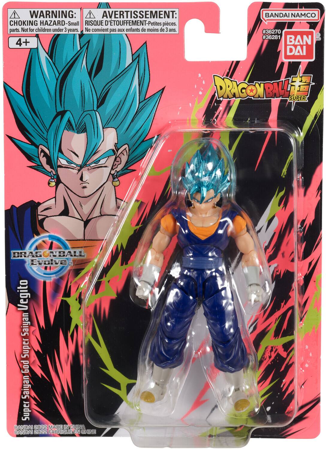 **WARNING:**  
CHOKING HAZARD - Small parts. Not for children under 3 years.  
4+  

**AVERTISSEMENT:**  
RISQUE D'ÉTOUFFEMENT - Petites pièces. Ne convient pas aux enfants de moins de 3 ans.  

BANDAI NAMCO  
#36270  
#36281  

BAN  
DAI  

DRAGON BALL SUPER  
DRAGON BALL Evolve™  
Vegito  
Super Saiyan Super God Saiyan  

BANDAI 2022 MADE IN CHINA  
BANDAI 2022 FABRIQUÉ EN CHINE