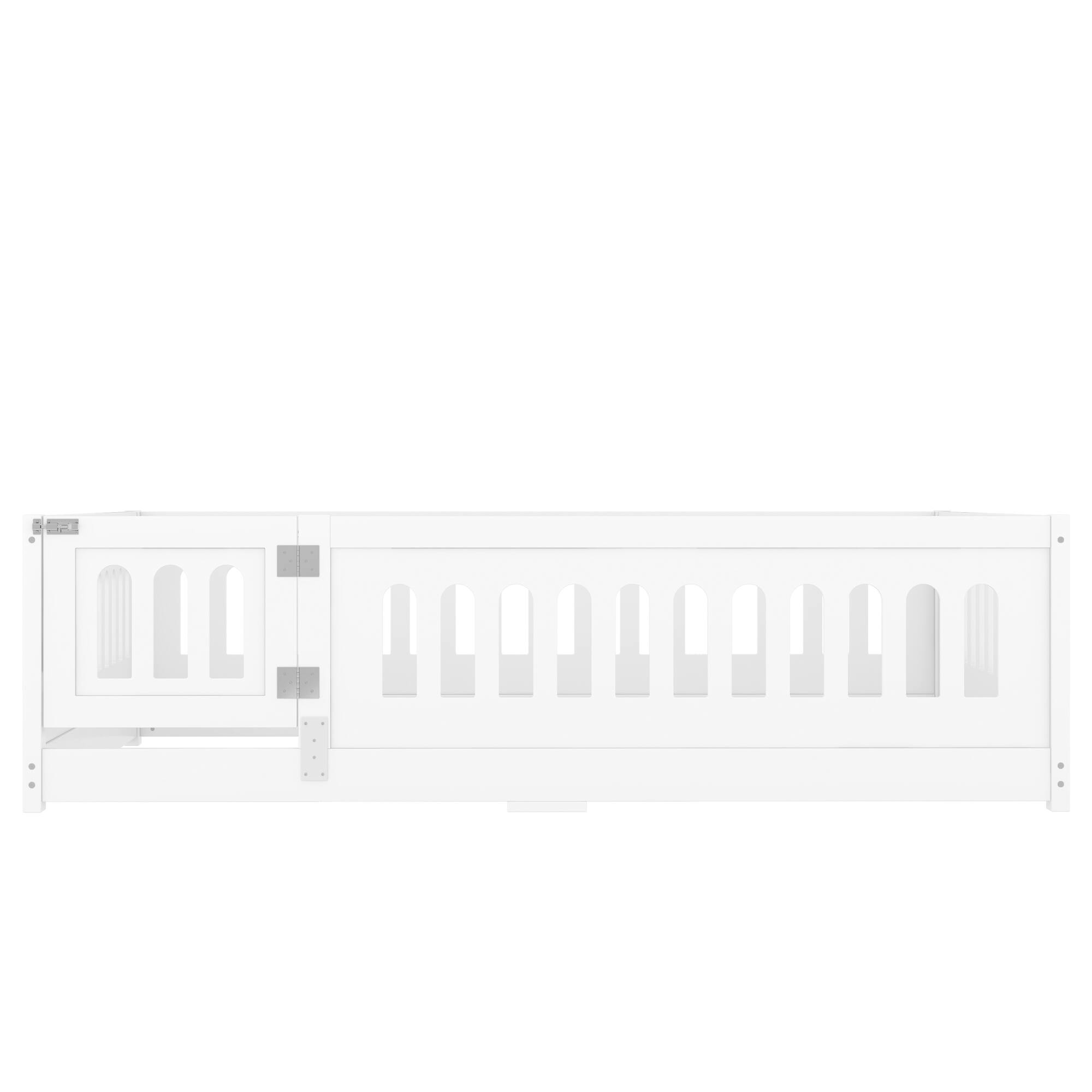 Alt View 8. Tiramisubest - Full Size Floor Bed with Heightened Safety Guardrails and Door, Solid Wood Bedframe with Rails No Slats Included, White - White.