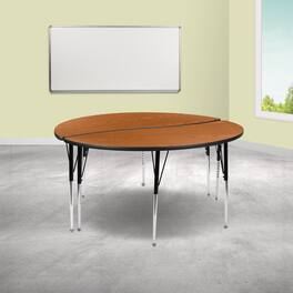 Emma + Oliver - 2 Piece 60" Circle Wave Collaborative Grey Adjustable Activity Table Set - Oak