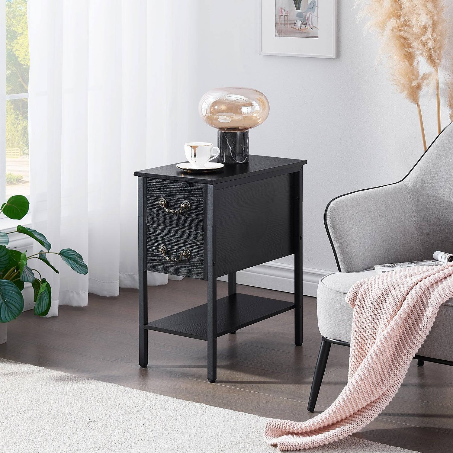 Alt View 1. Vecelo - Set of 2 Industrial Nightstand with 2 Drawers-Narrow End Table with Metal Frame, 11.8" Thin Side Table for Small Spaces - Black.