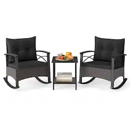 Costway - 3 PCS Rattan Rocking Chair Set with Acacia Wood Tabletop Armrests for Porch, Balcony - Mix Brown,Black