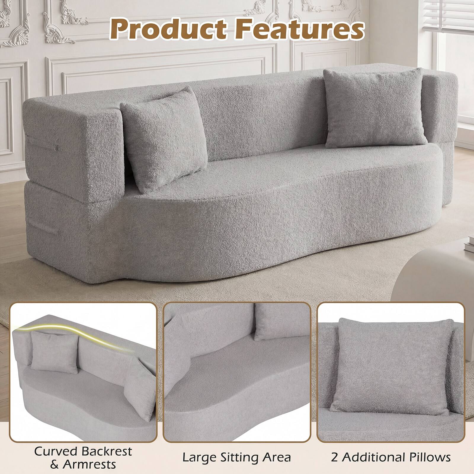 Product Features

- Curved Backrest & Armrests
- Large Sitting Area
- 2 Additional Pillows