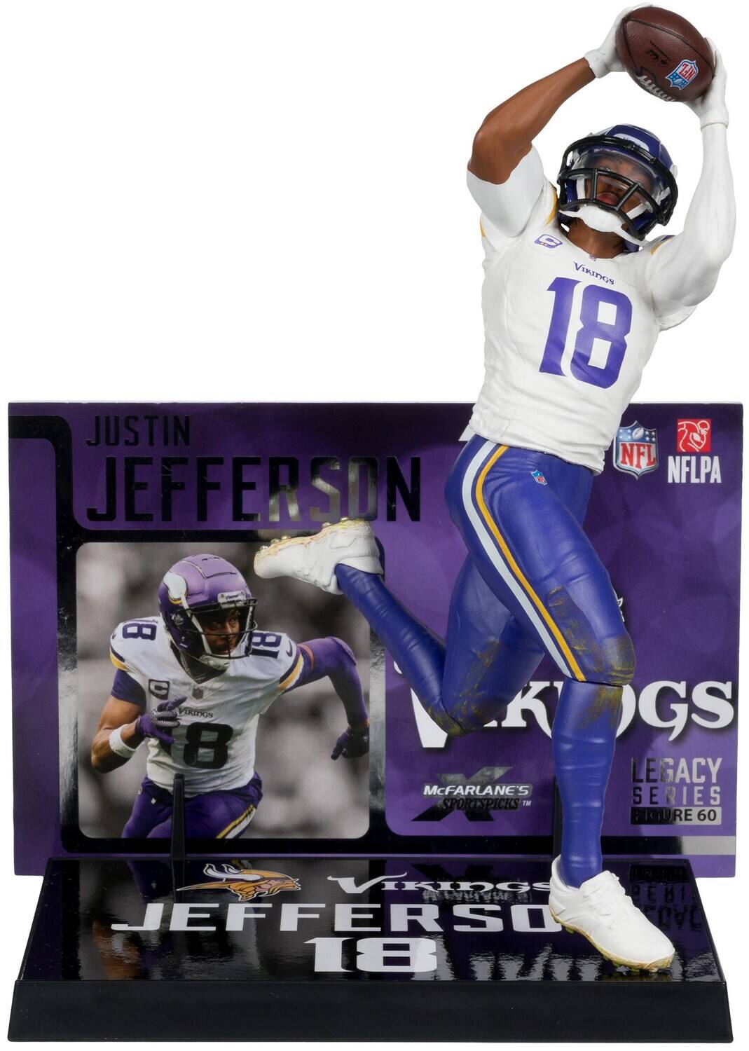 NFL ALIL ViKInGs 18 JUSTIN NFL NFLPA JEFFERSON 8 8 C VIRINGS 8 MCFARLANE'S SPORTSPICKS TM GS LEGACY SERIES FIGURE 60 HE VIKIRGS BEBI ATEES JEFFERSO OVC 18