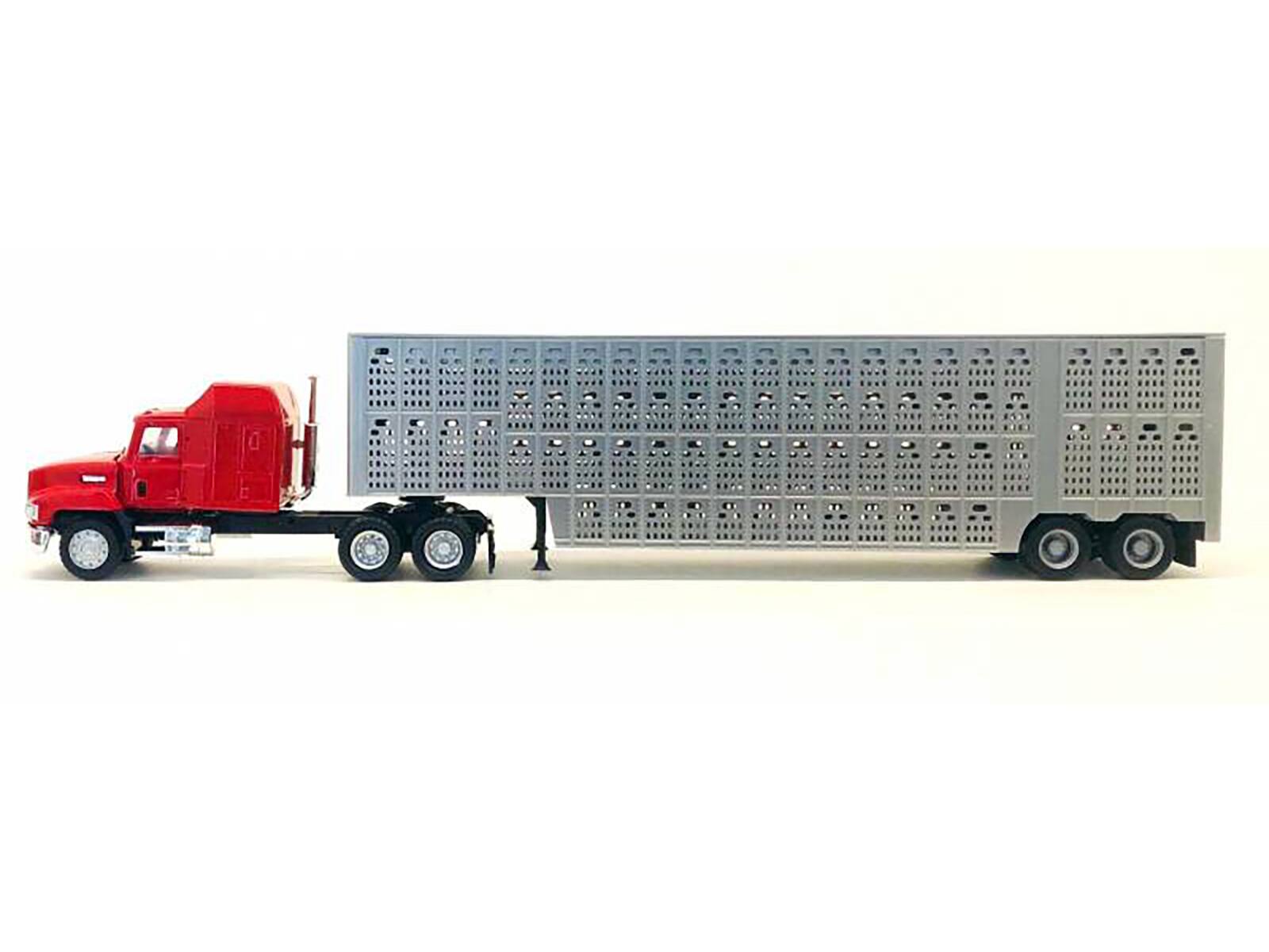 Angle. Promotex - Mack CH 613 with Sleeper Cab Red with Silver Livestock Trailer 1/87 (HO) Plastic Model Car by Promotex - Red with Silver.
