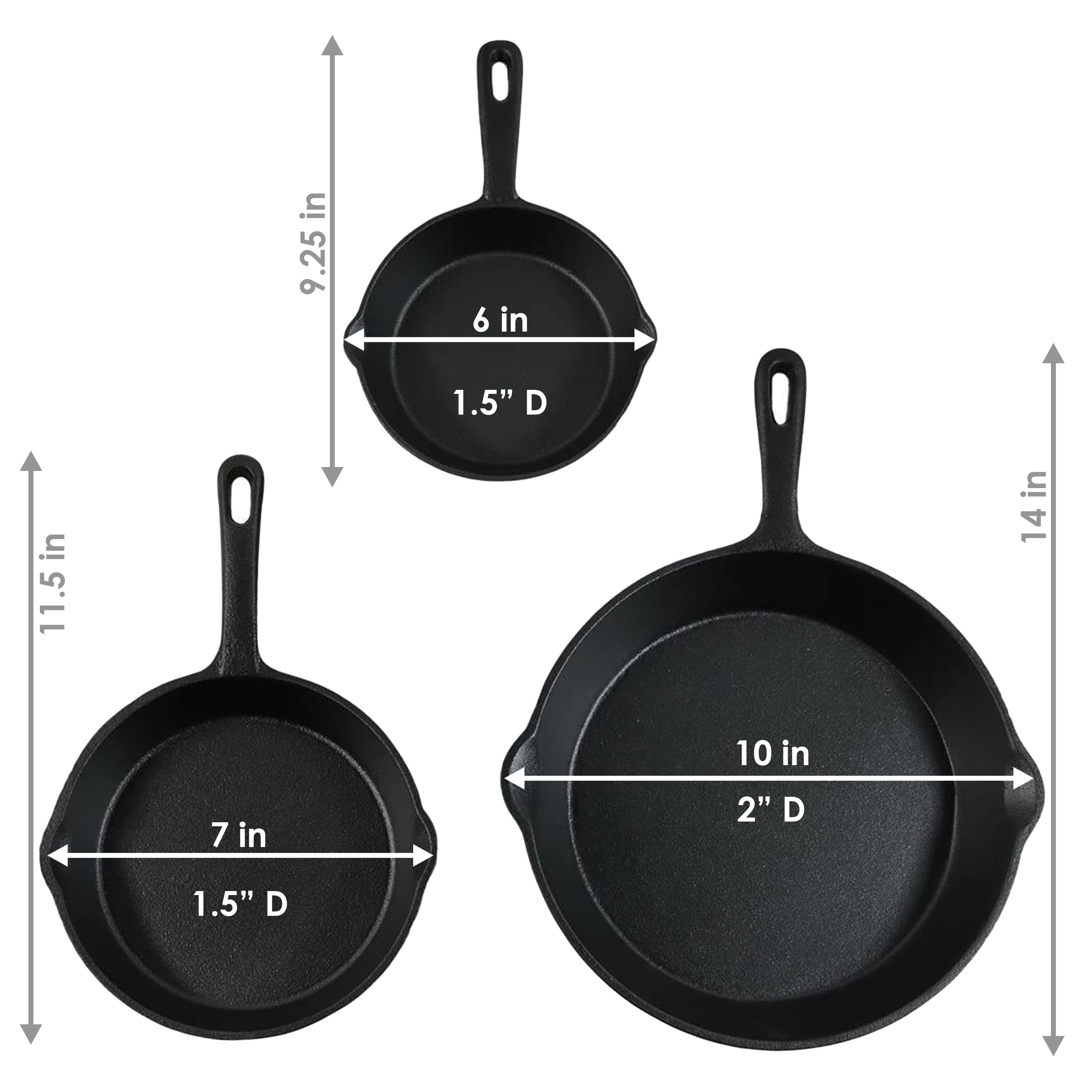 Sunnydaze 3 Piece Cast Iron Pre Seasoned Skillet Set with 3 Pans