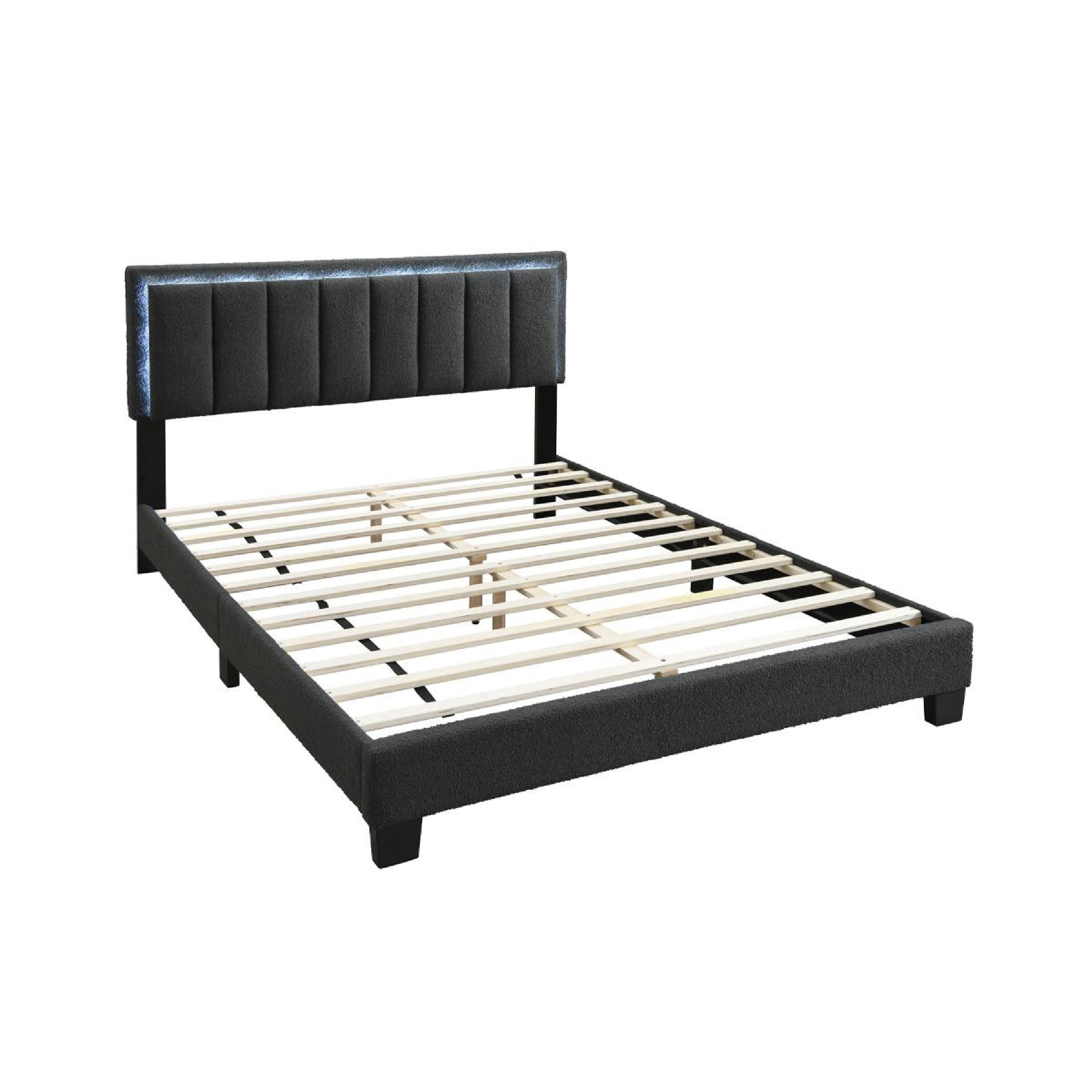 Alt View 3. Manhattan Lane - Zemo Queen Size Bed, LED Headboard, Charcoal Gray Wool Upholstery - Charcoal Gray, Black.