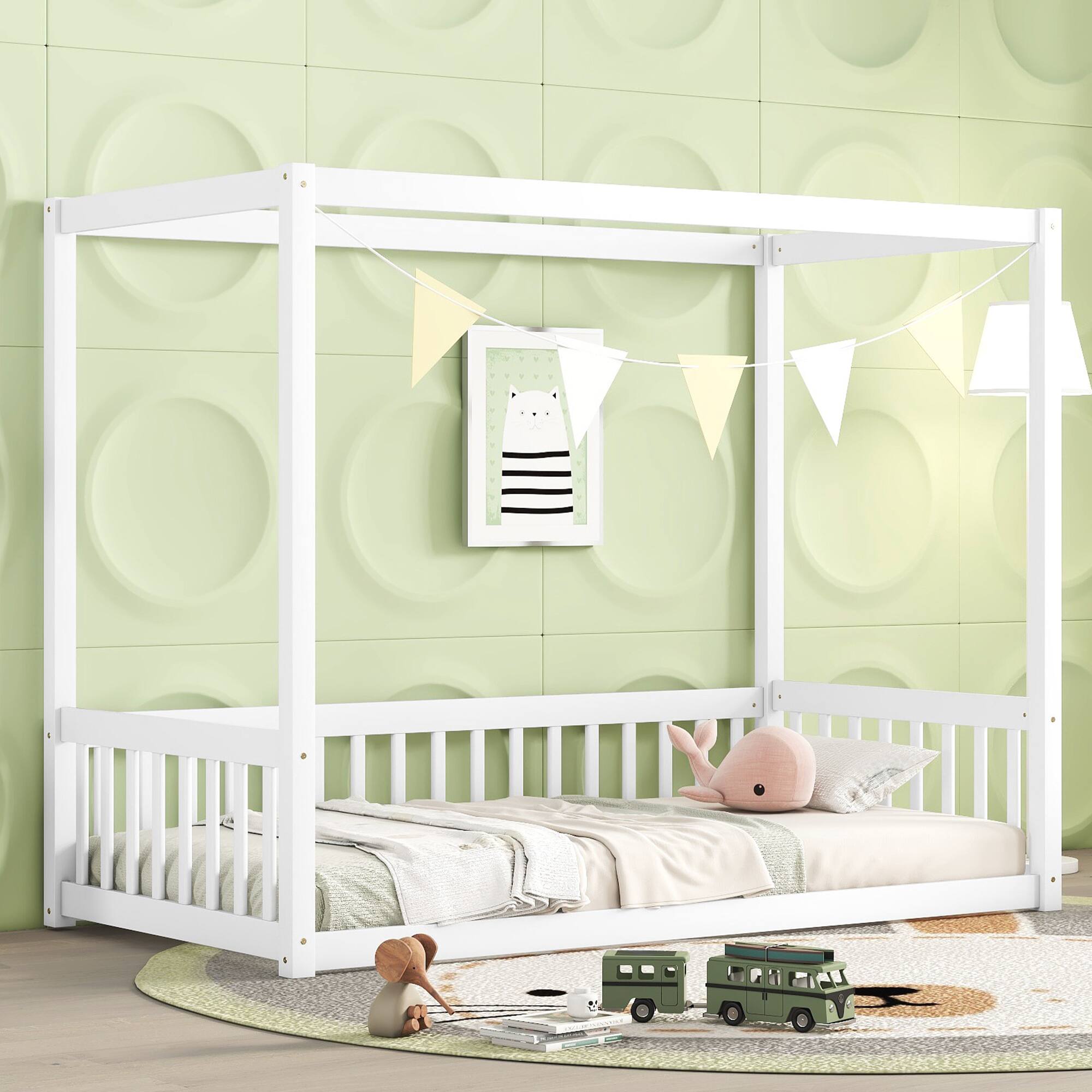 Front. Tiramisubest - Twin Size Canopy Frame Floor Bed with Fence, Guardrails,White - White.