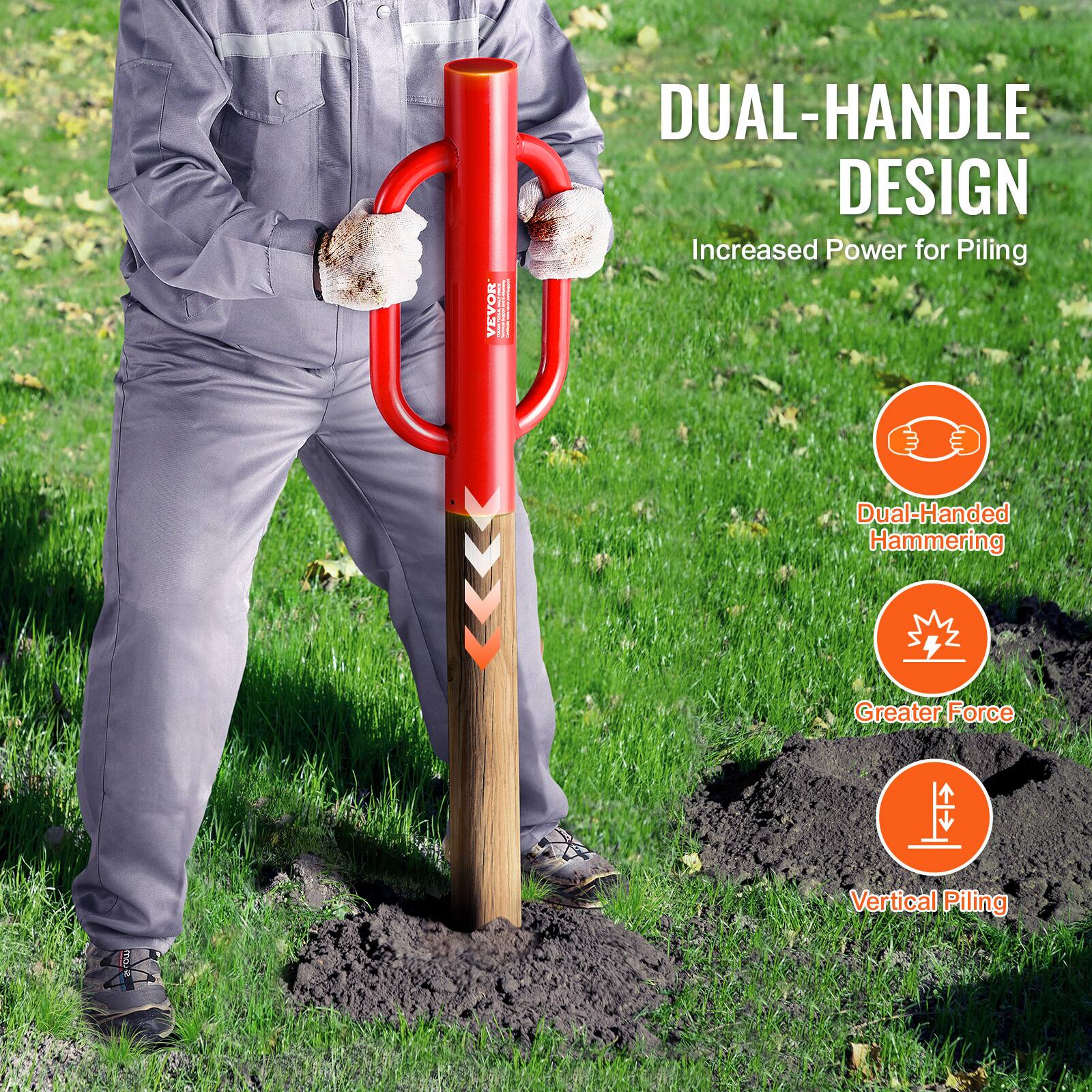 DUAL-HANDLE DESIGN  
Increased Power for Piling  

- Dual-Handed Hammering  
- Greater Force  
- Vertical Piling