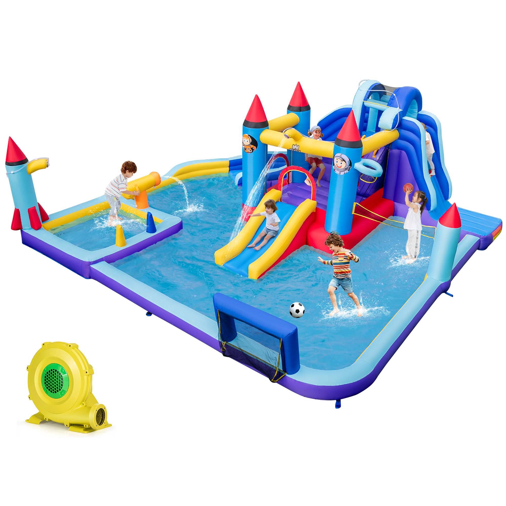 Costway - Rocket Theme Inflatable Water Slide Park with 2 Slides Splash Pool & 1100W Blower - Multicolor