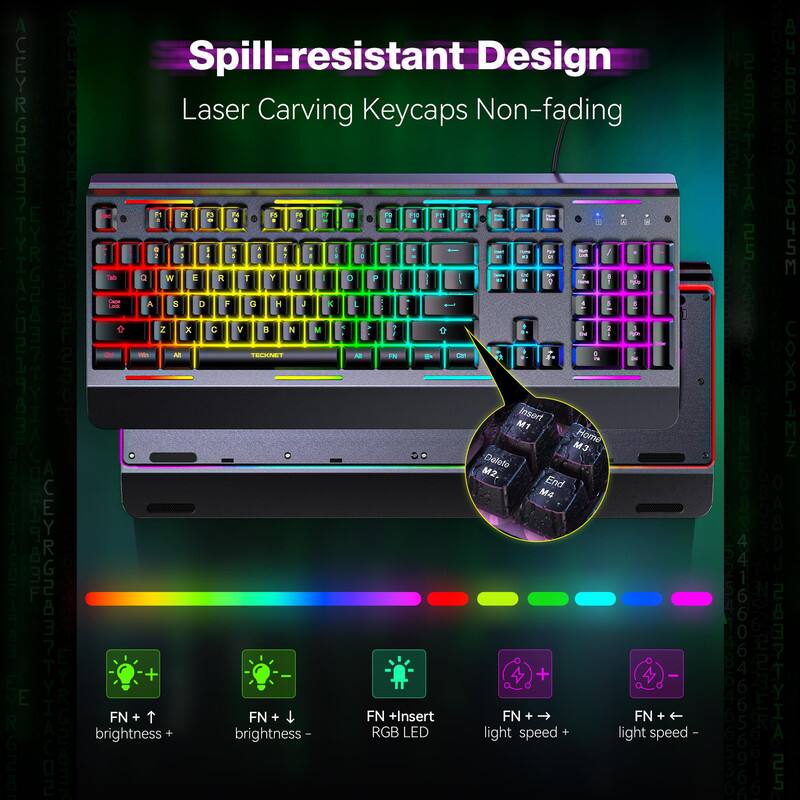 Spill-resistant Design  
Laser Carving Keycaps Non-fading  

A C Y R G 2 S 0  
Spill-resistant Design Laser Carving Keycaps Non-fading  

F1 F2 F3 F4 F5 F6 F7 F8 F9 F10 F11 F12  
1 2 3 4 5 6 7 8 9 0 - =  
Q W E R T Y U I O P  
A S D F G H J K L ; '  
Z X C V B N M , . /  
Shift Tab Caps Lock  
Insert Home End Page Up Page Down  

FN + ↑ brightness +  
FN + ↓ brightness -  
FN + Insert RGB LED  
FN + → light speed +  
FN + ← light speed -