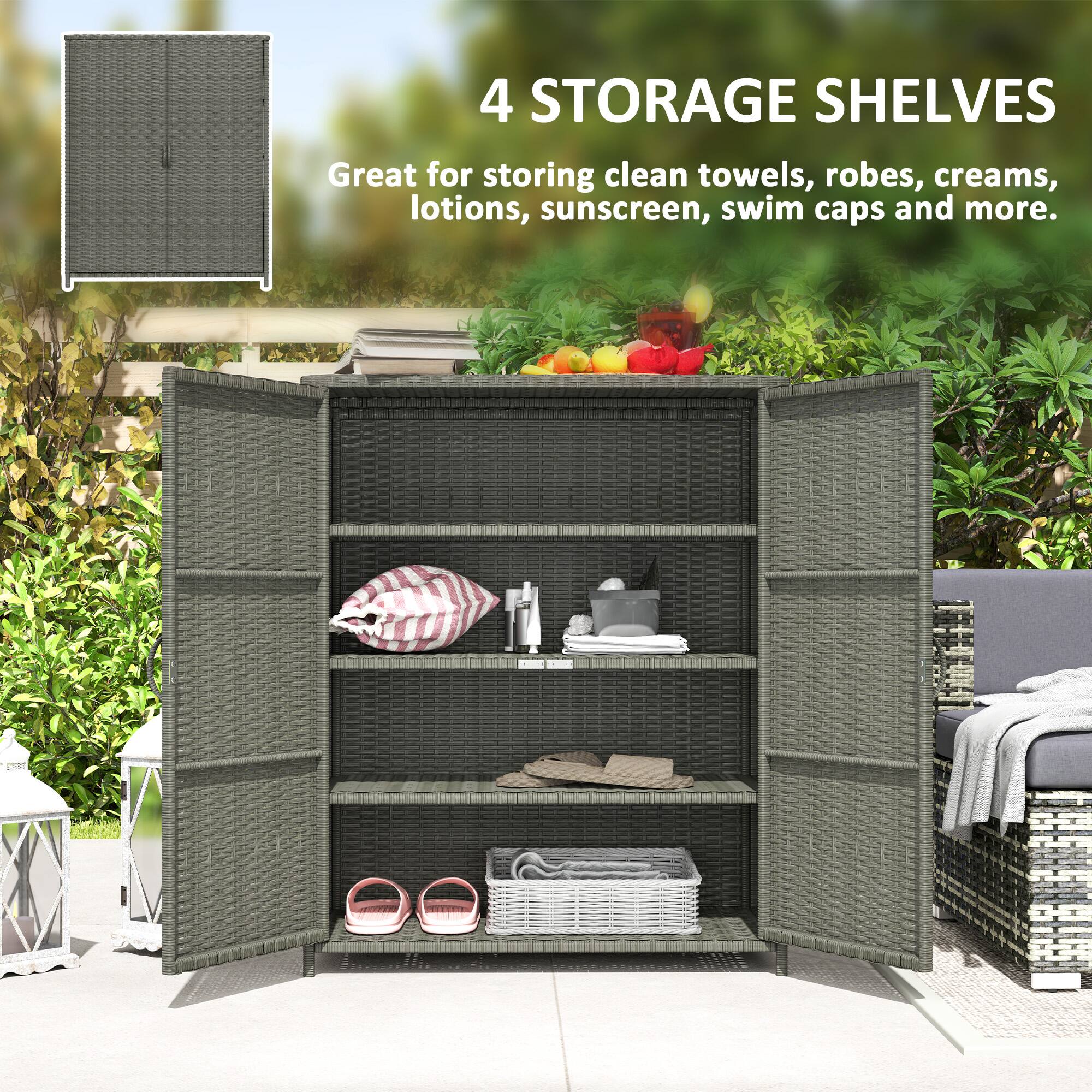 4 STORAGE SHELVES
Great for storing clean towels, robes, creams, lotions, sunscreen, swim caps and more.