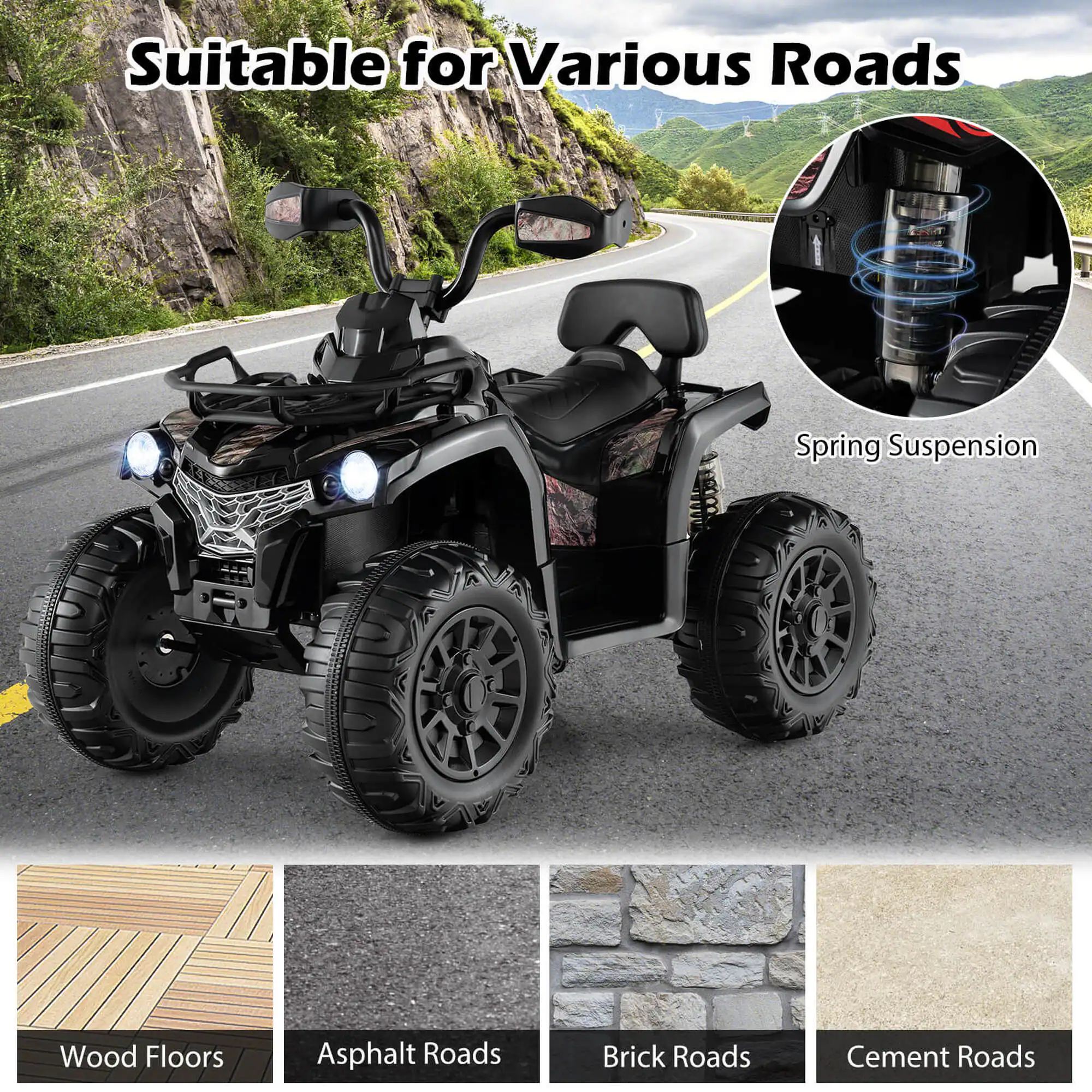 Suitable for Various Roads

Spring Suspension

Wood Floors

Asphalt Roads

Brick Roads

Cement Roads
