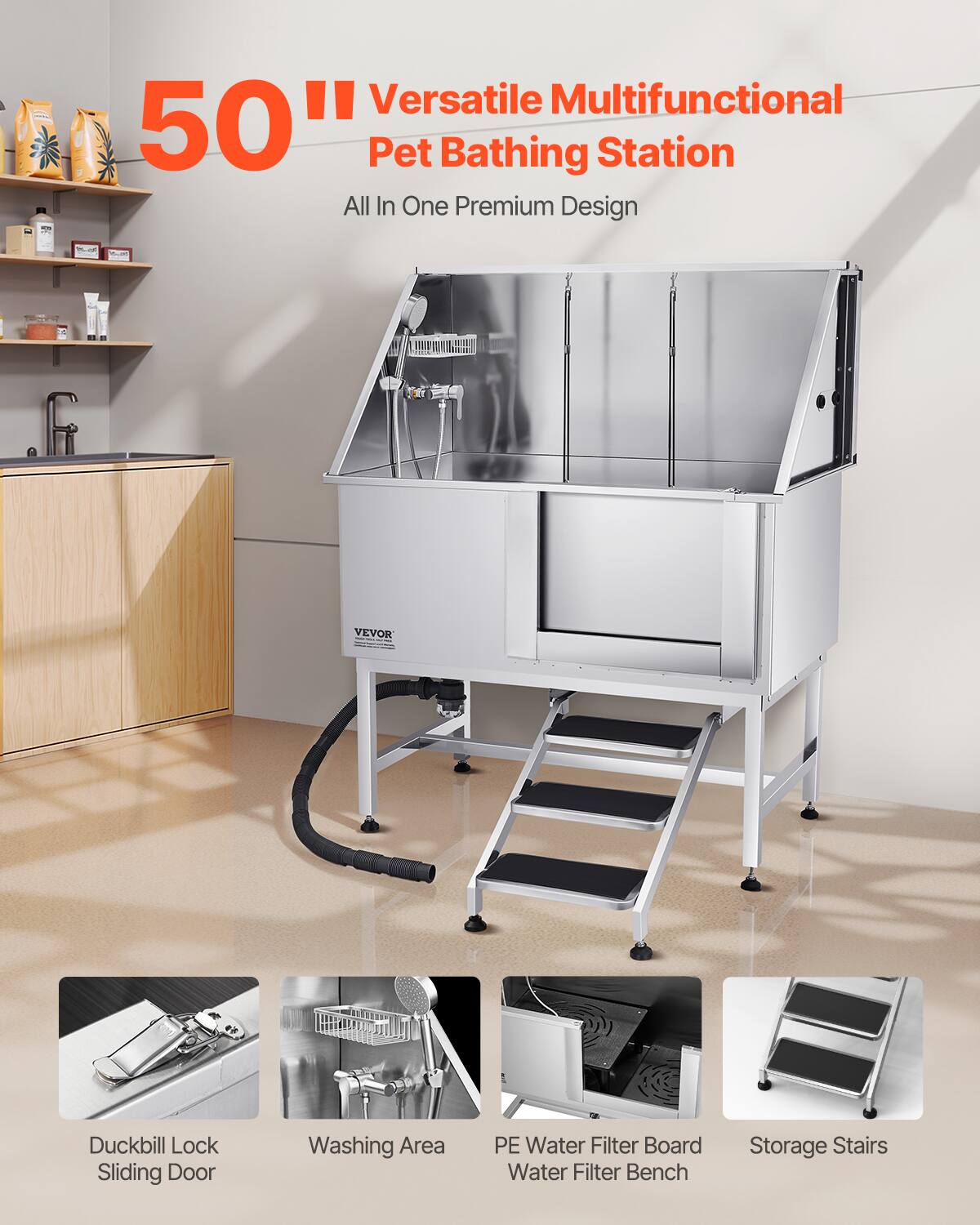 50" Versatile Multifunctional Pet Bathing Station  
All In One Premium Design  

- Duckbill Lock Sliding Door  
- Washing Area  
- PE Water Filter Board Water Filter Bench  
- Storage Stairs
