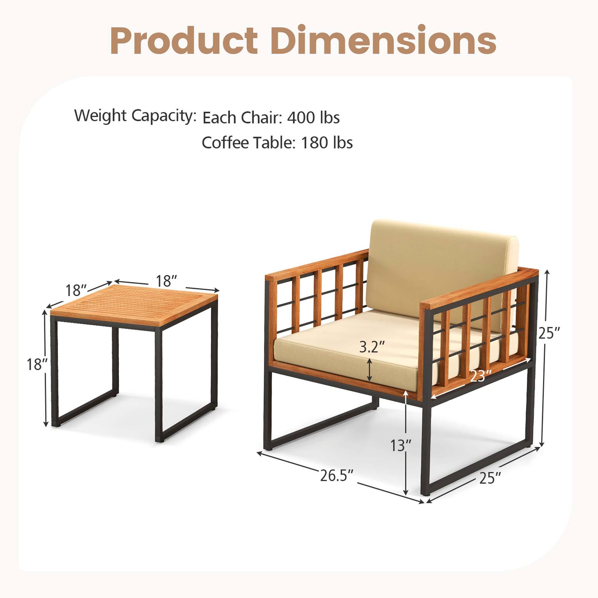 Product Dimensions:
Weight Capacity:
- Each Chair: 400 lbs
- Coffee Table: 180 lbs

Dimensions:
- 18" x 18" x 18"
- 3.2" x 23" x 25"
- 25" x 13" x 26.5"