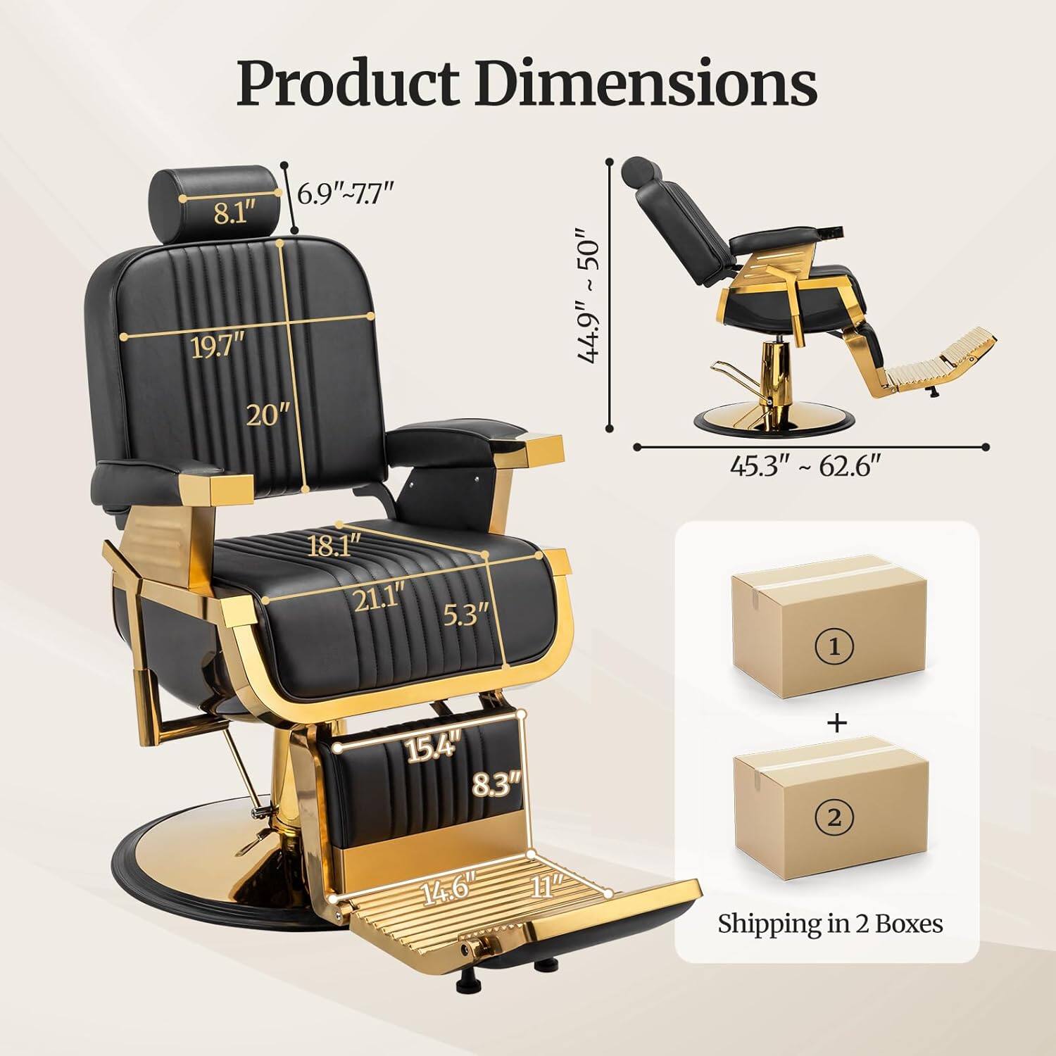 Product Dimensions:  
- 6.9"~7.7"  
- 8.1"  
- 19.7"  
- 20"  
- 50"  
- 44.9"~50"  
- 45.3"~62.6"  
- 18.1"  
- 21.1"  
- 5.3"  
- 15.4"  
- 8.3"  
- 14.6"  
- 11"  

Shipping in 2 Boxes