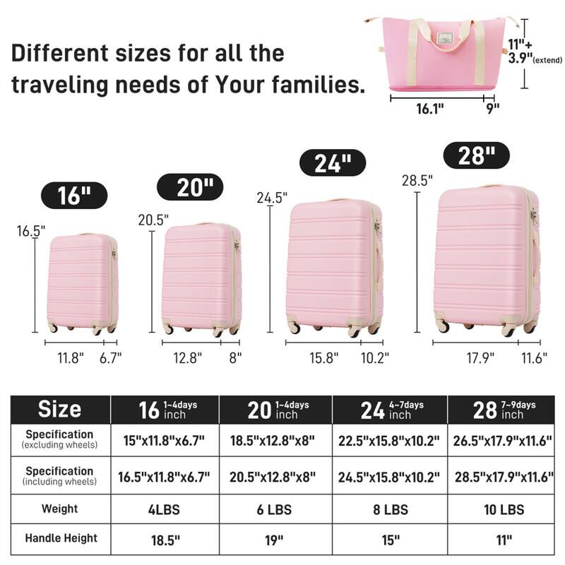 Different sizes for all the traveling needs of Your families.

16"  
16.5"  
11.8"  
6.7"  
12.8"  
8"  
15.8"  
10.2"  
17.9"  
11.6"  

Size  
1-4 days  
1-4 days  
4-7 days  
7-9 days  

16 inch  
20 inch  
24 inch  
28 inch  

Specification (excluding wheels)  
15"x11.8"x6.7"  
18.5"x12.8"x8"  
22.5"x15.8"x10.2"  
26.5"x17.9"x11.6"  

Specification (including wheels)  
16.5"x11.8"x6.7"  
20.5"x12.8"x8"  
24.5"x15.8"x10.2"  
28.5"x17.9"x11.6"  

Weight  
4 LBS  
6 LBS  
8 LBS  
10 LBS  

Handle Height  
1